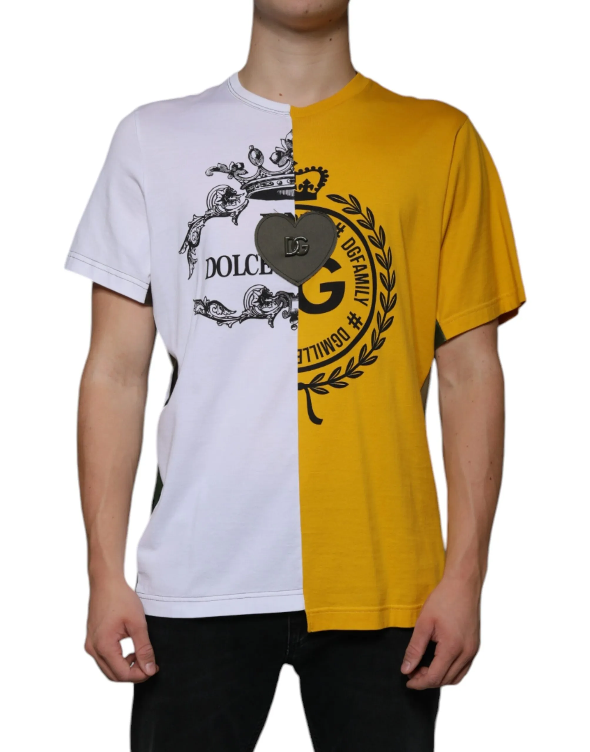 Dolce & Gabbana Men's White Yellow Logo Print Short Sleeve T-shirt