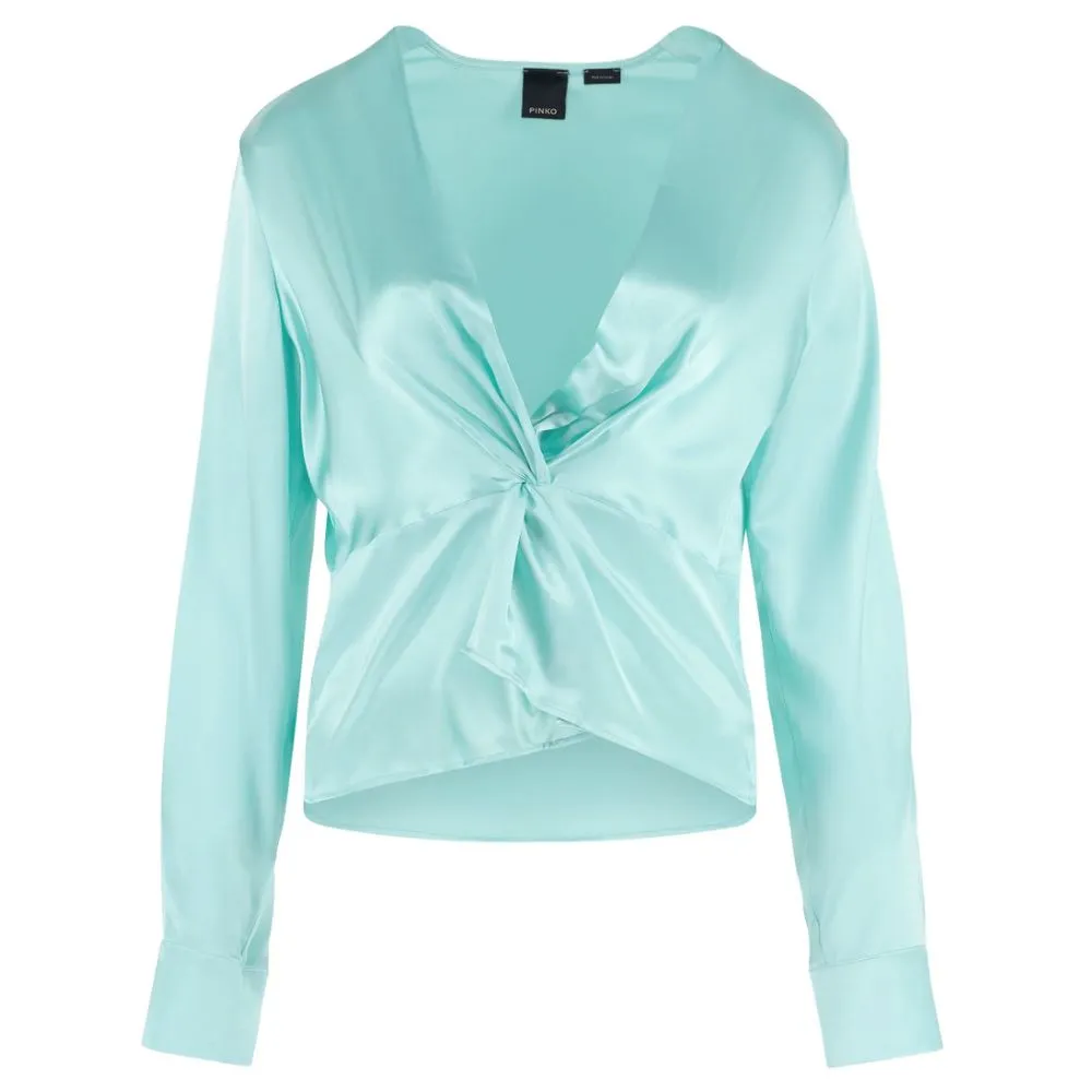 PINKO Green Silk Women Blouse with Deep V-Neck and Cuff Detail