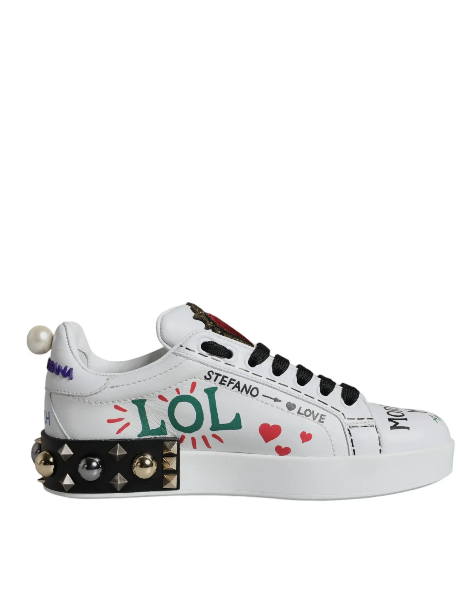 Dolce & Gabbana Women's White Heart Studded Low Top Sneakers Shoes