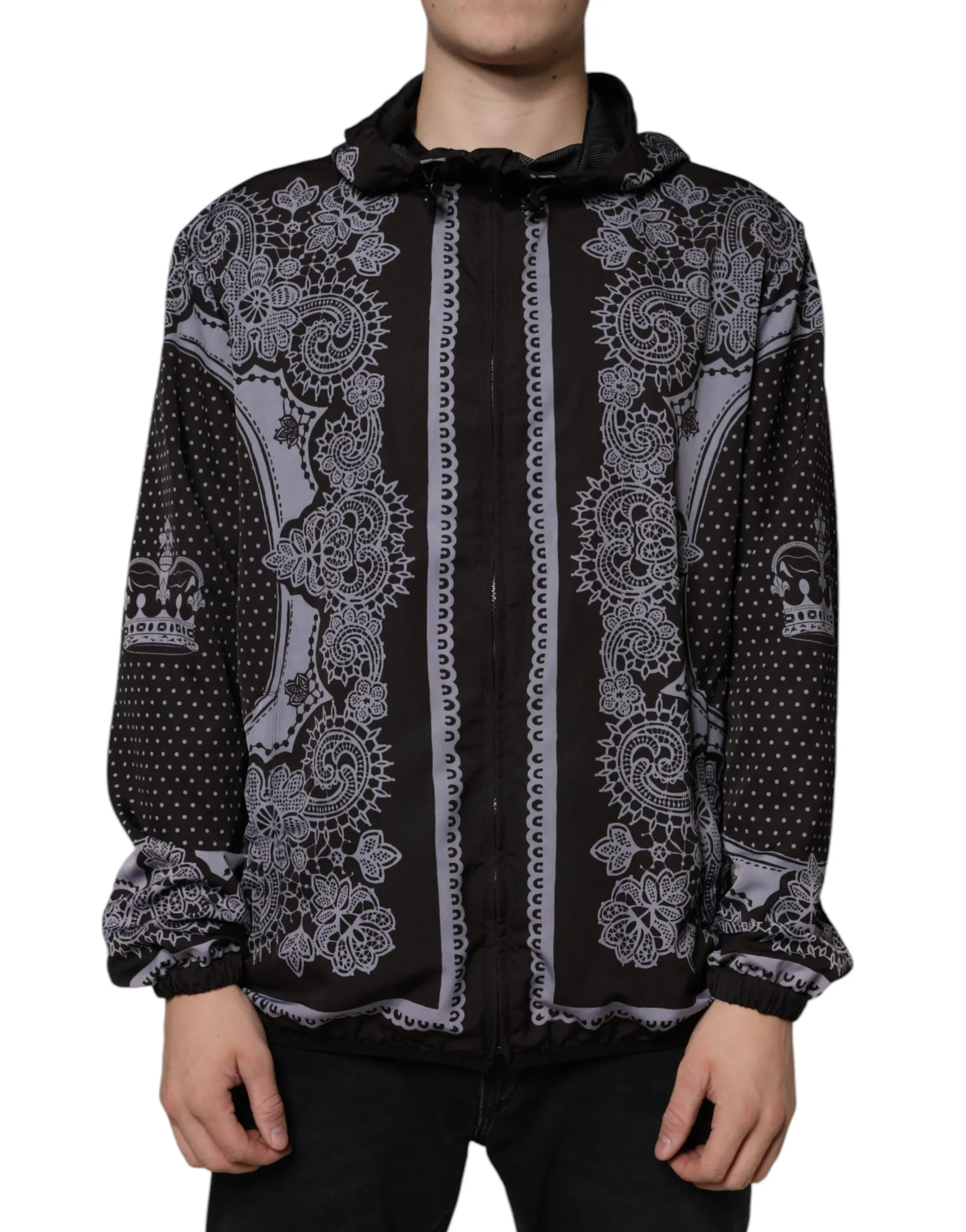 Dolce & Gabbana Men's Black Bandana Hooded Full Zip Bomber Jacket