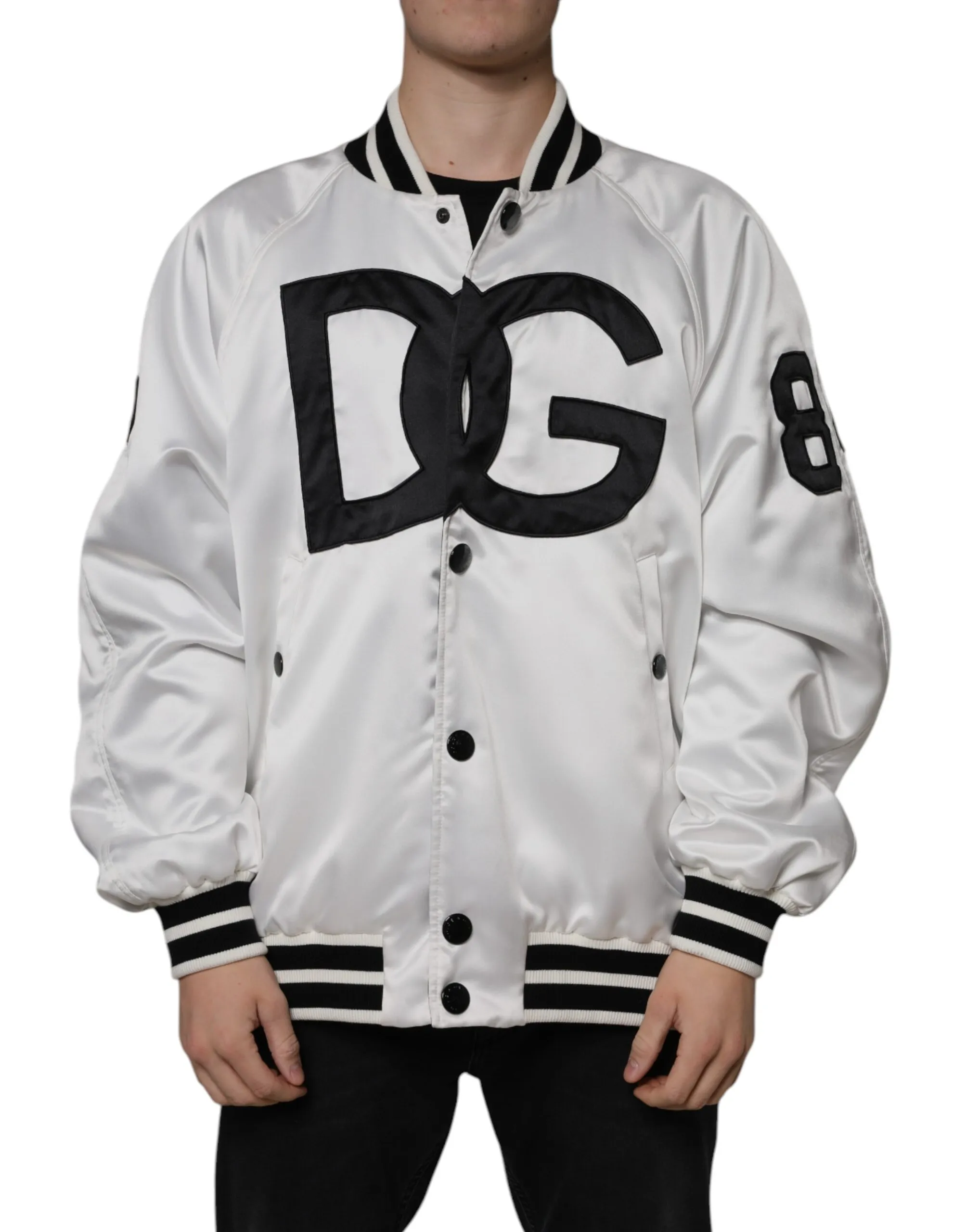 Dolce & Gabbana Men's White Polyester Logo Full Zip Bomber Jacket