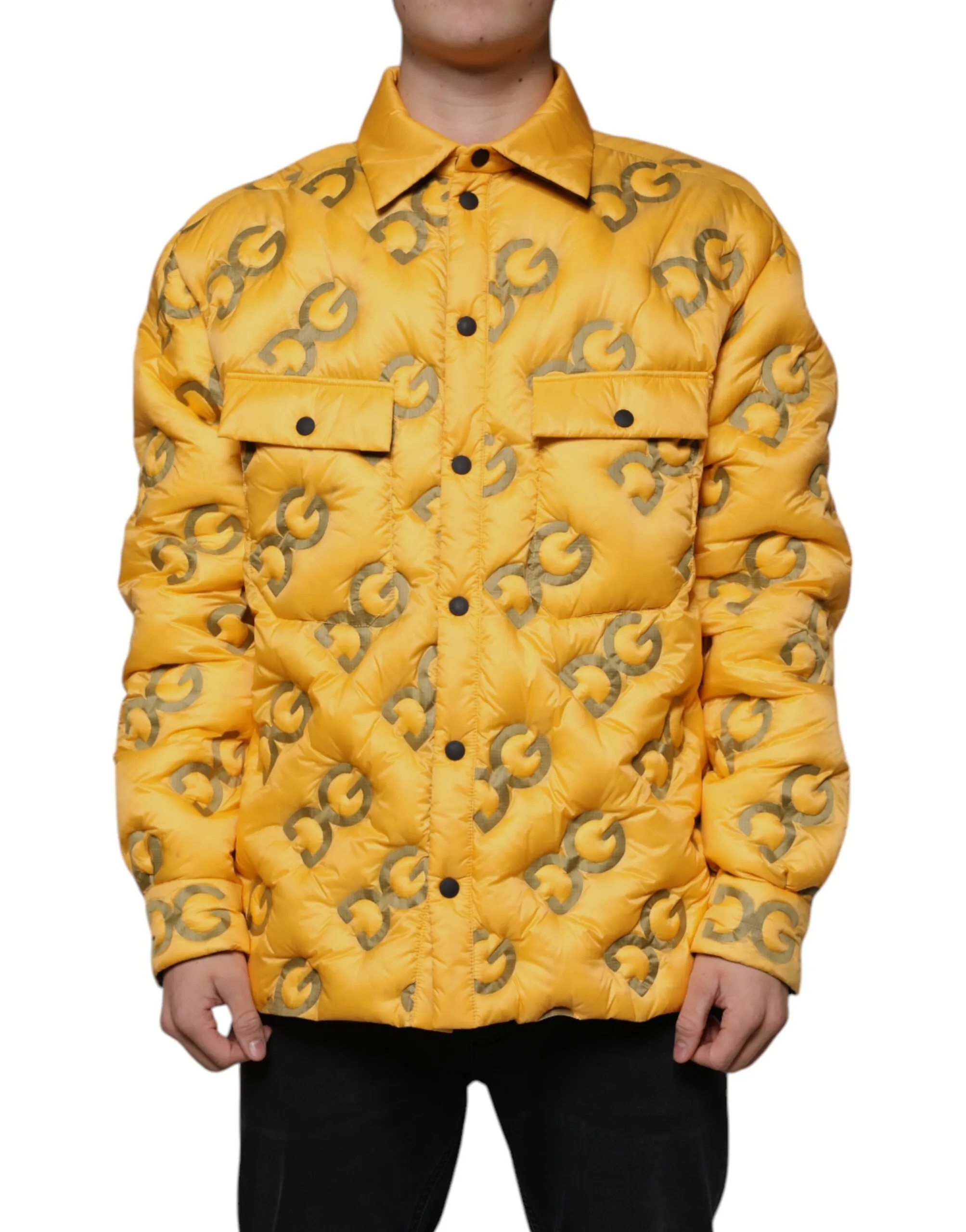 Dolce & Gabbana Men's Yellow Logo Padded Buttoned Blouson Jacket