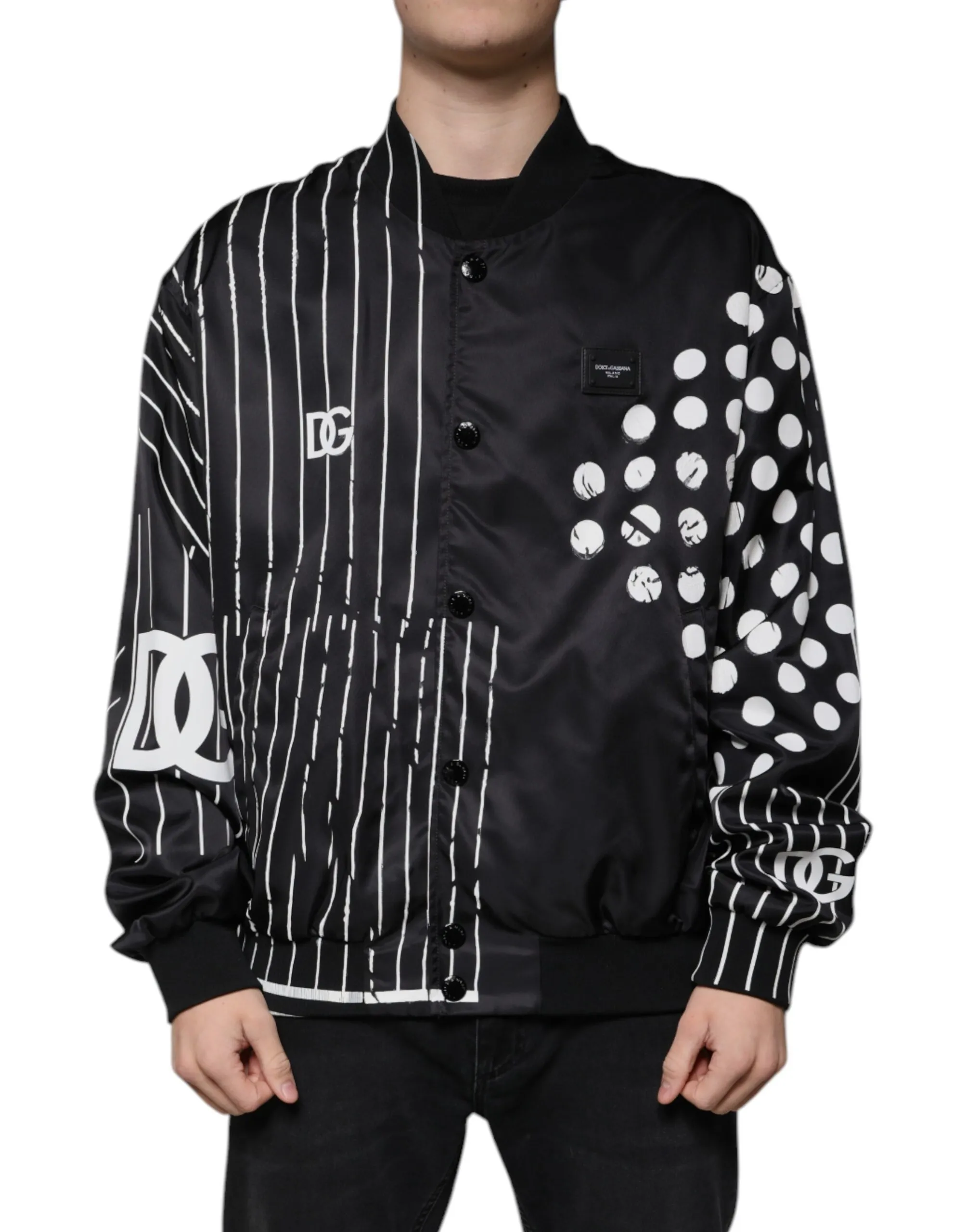 Dolce & Gabbana Men's Black Polka Dot Stripe Nylon Bomber Jacket