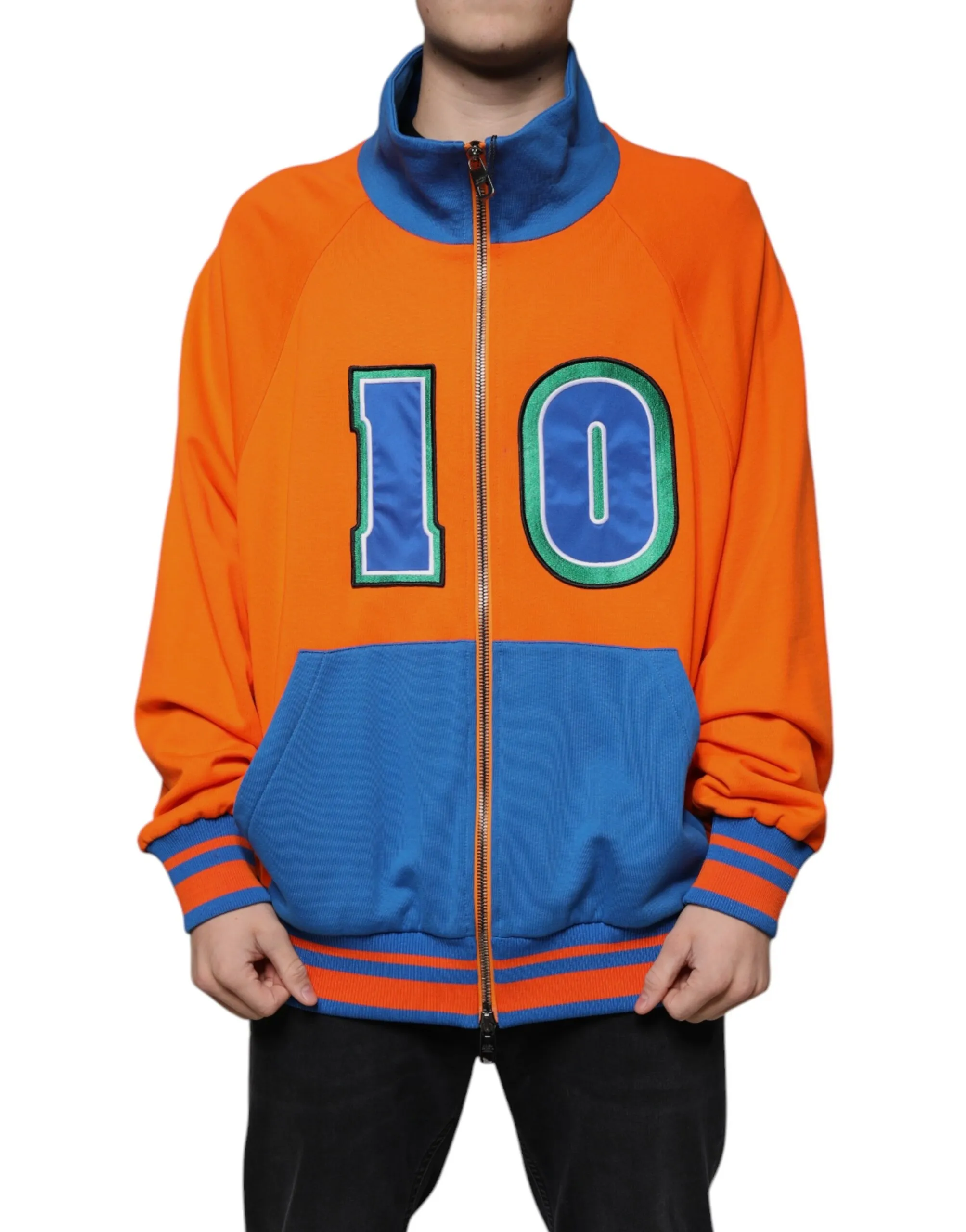 Dolce & Gabbana Men's Orange Blue Full Zip Jersey Bomber Jacket