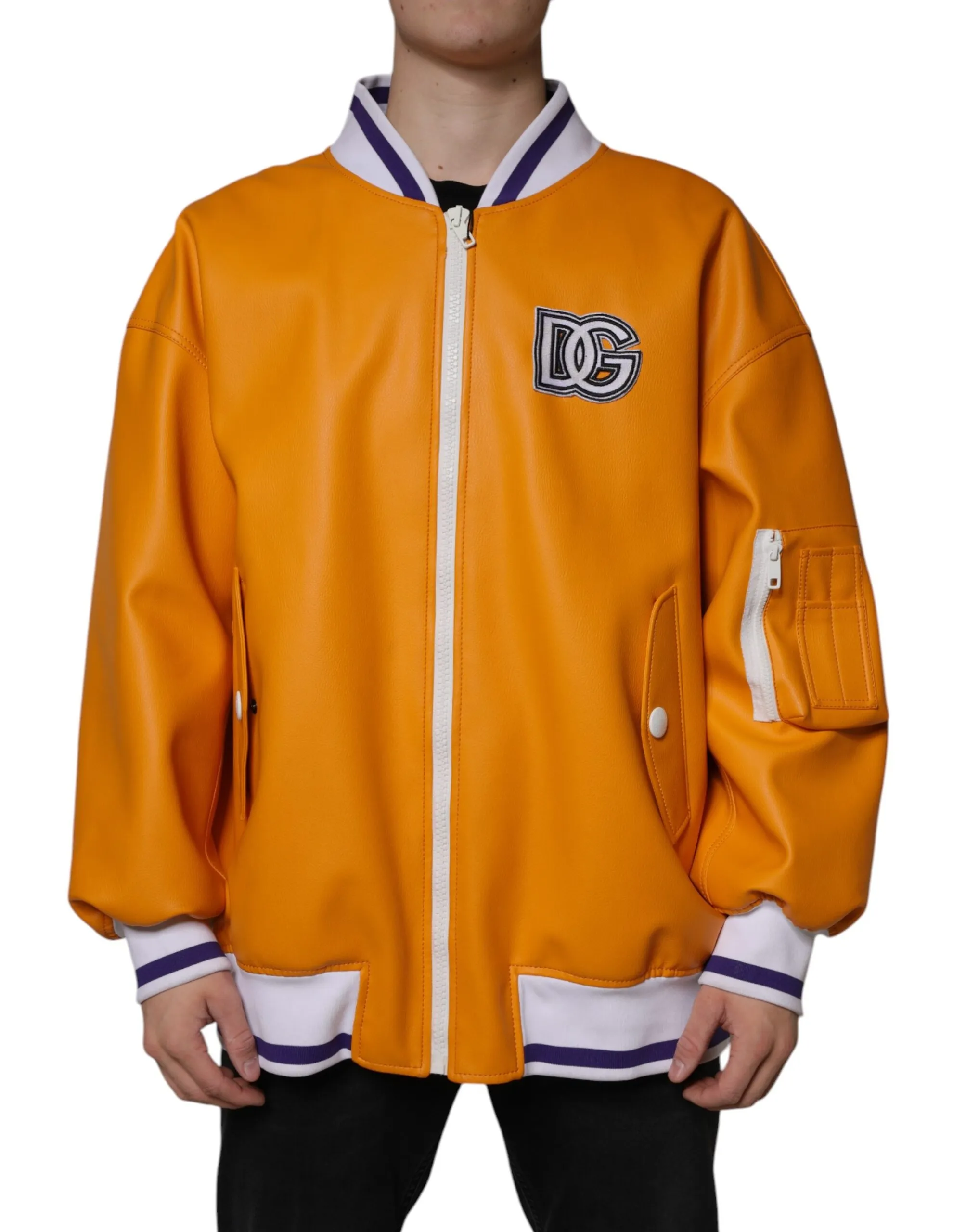 Dolce & Gabbana Men's Orange White Full Zip Jersey Bomber Jacket