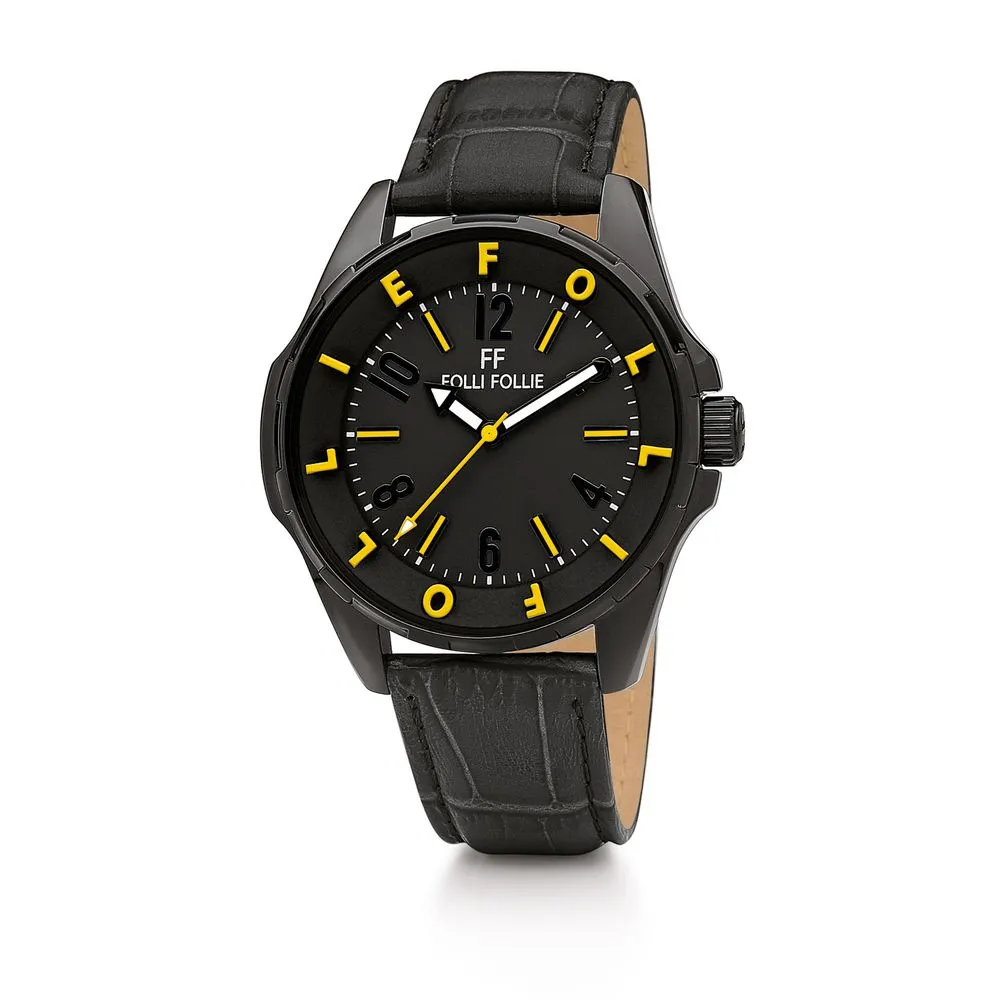 Folli Follie Unisex Black Leather Watch