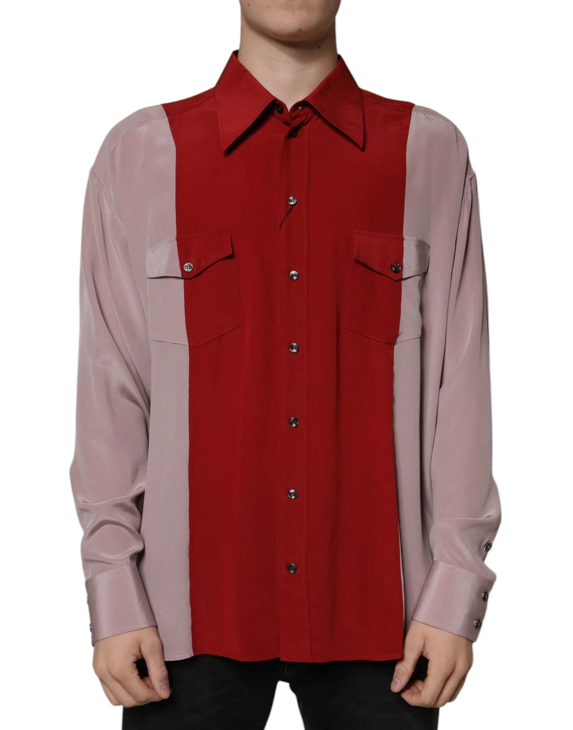 Dolce & Gabbana Men's Red Pink Silk Collared Button Down Shirt