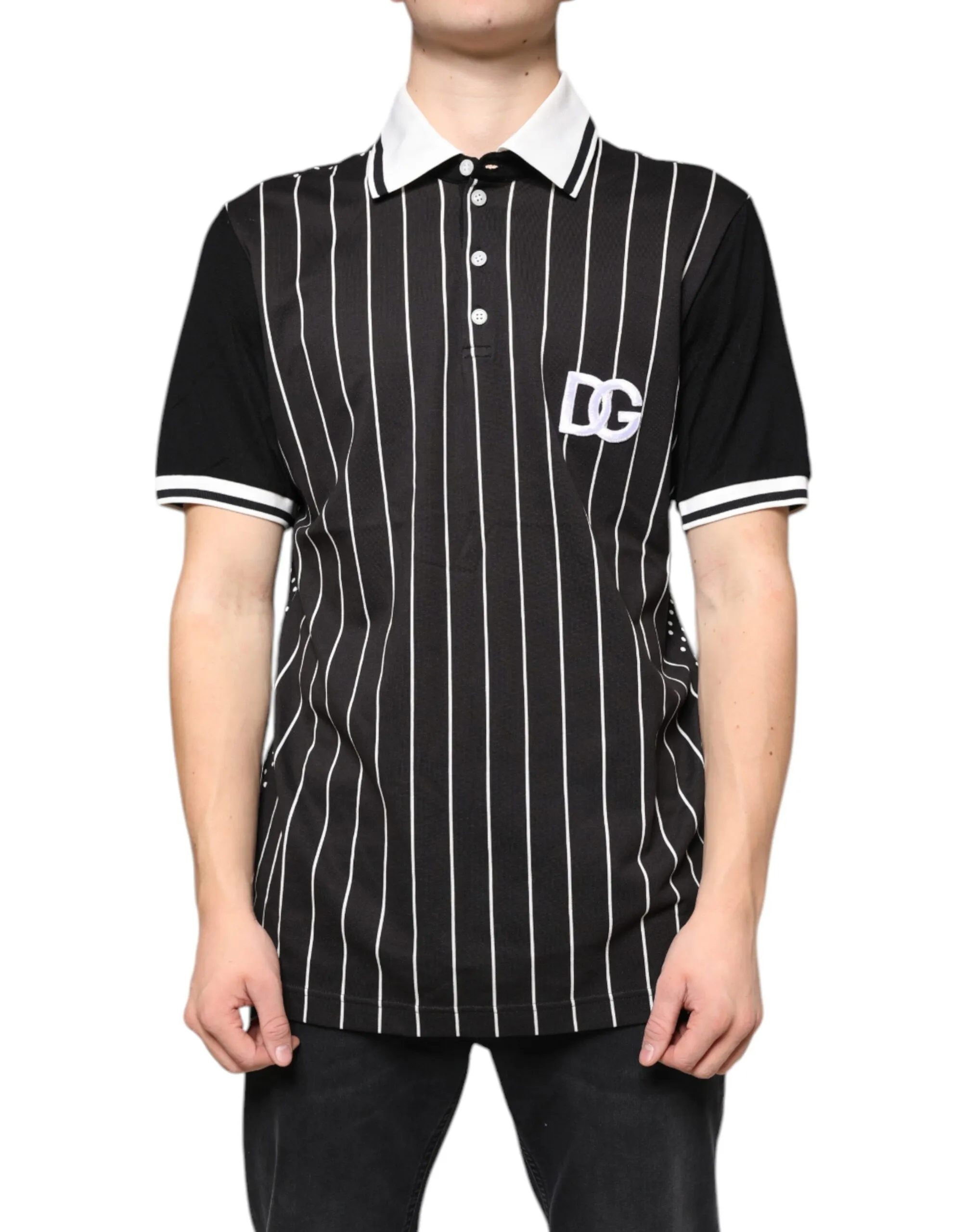 Dolce & Gabbana Men's Black White Stripes Collared Polo T-shirt