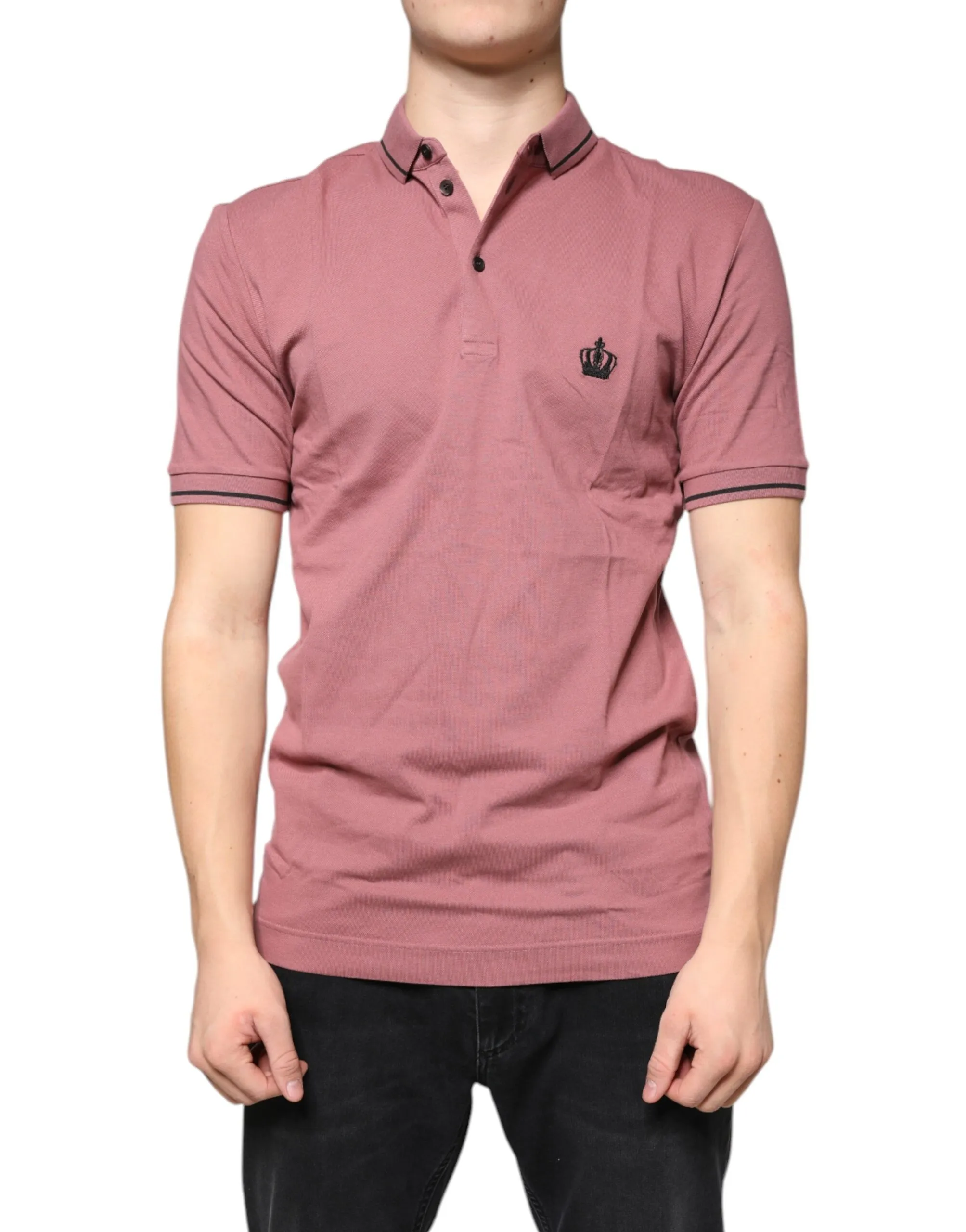 Dolce & Gabbana Men's Pink Crown Embroidery Collared Polo T-shirt
