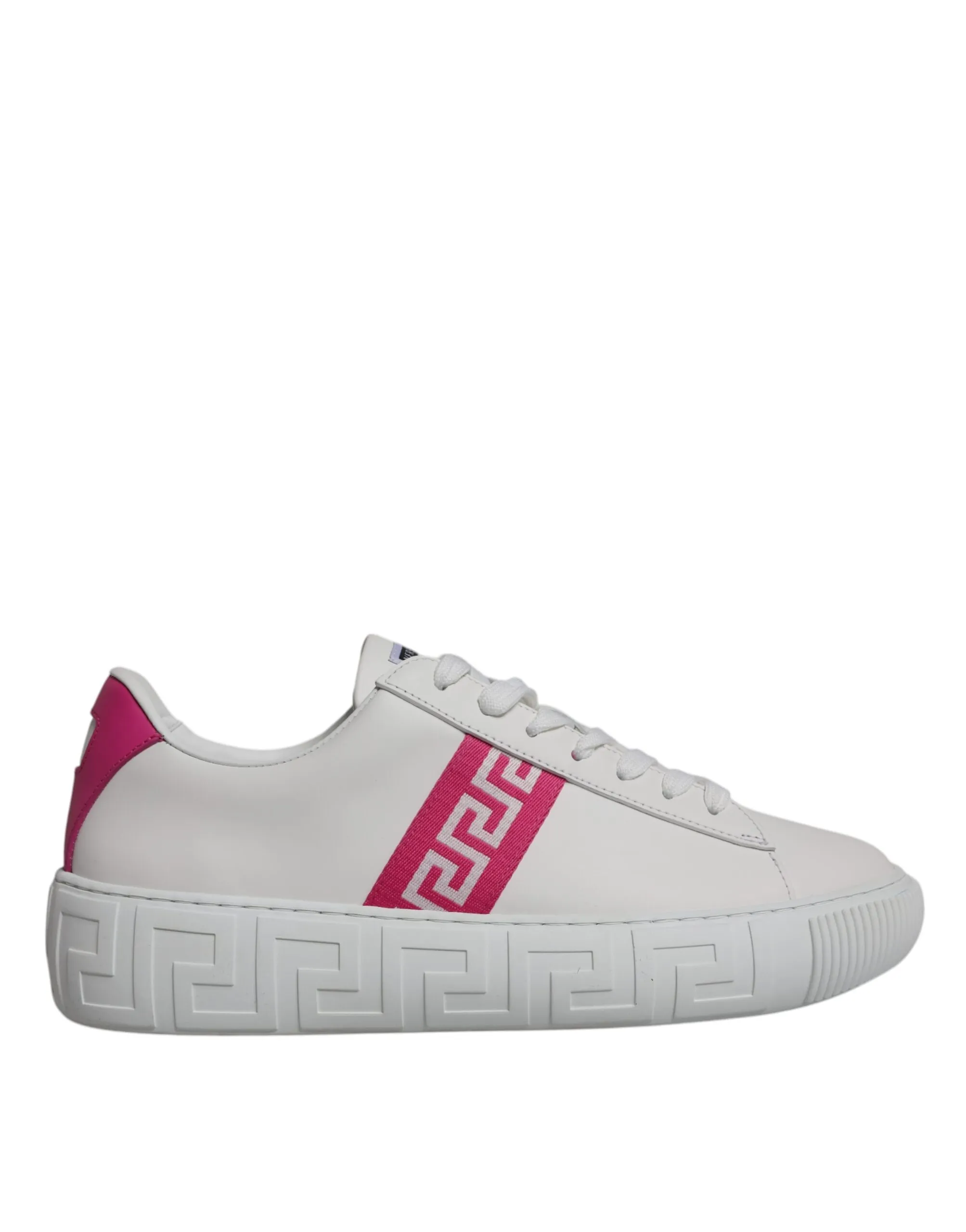 Versace Men's White Pink Greca Print Platform Low Top Sneakers Shoes