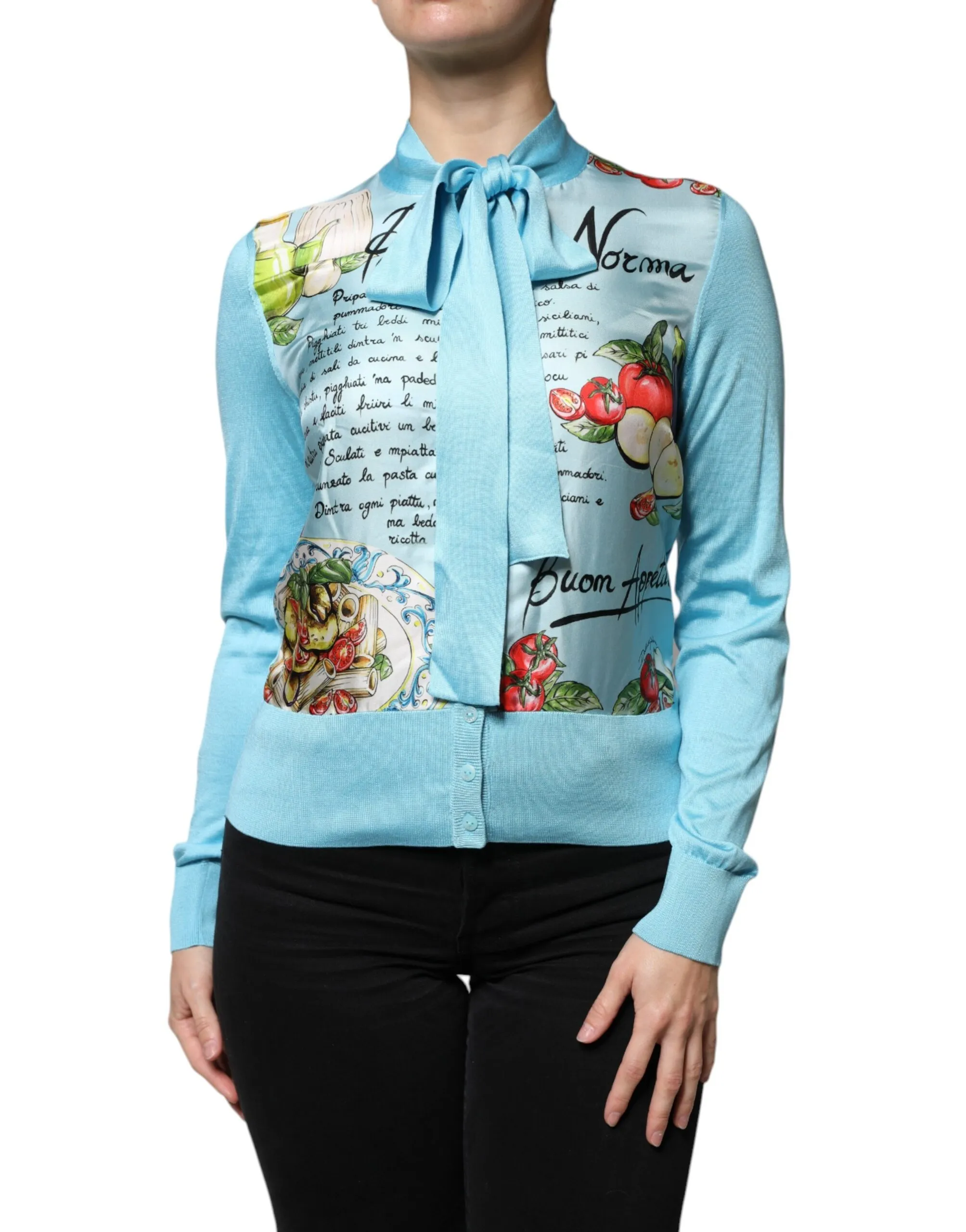 Dolce & Gabbana Women's Blue Pasta Alla Norma Tie Cardigan Sweater