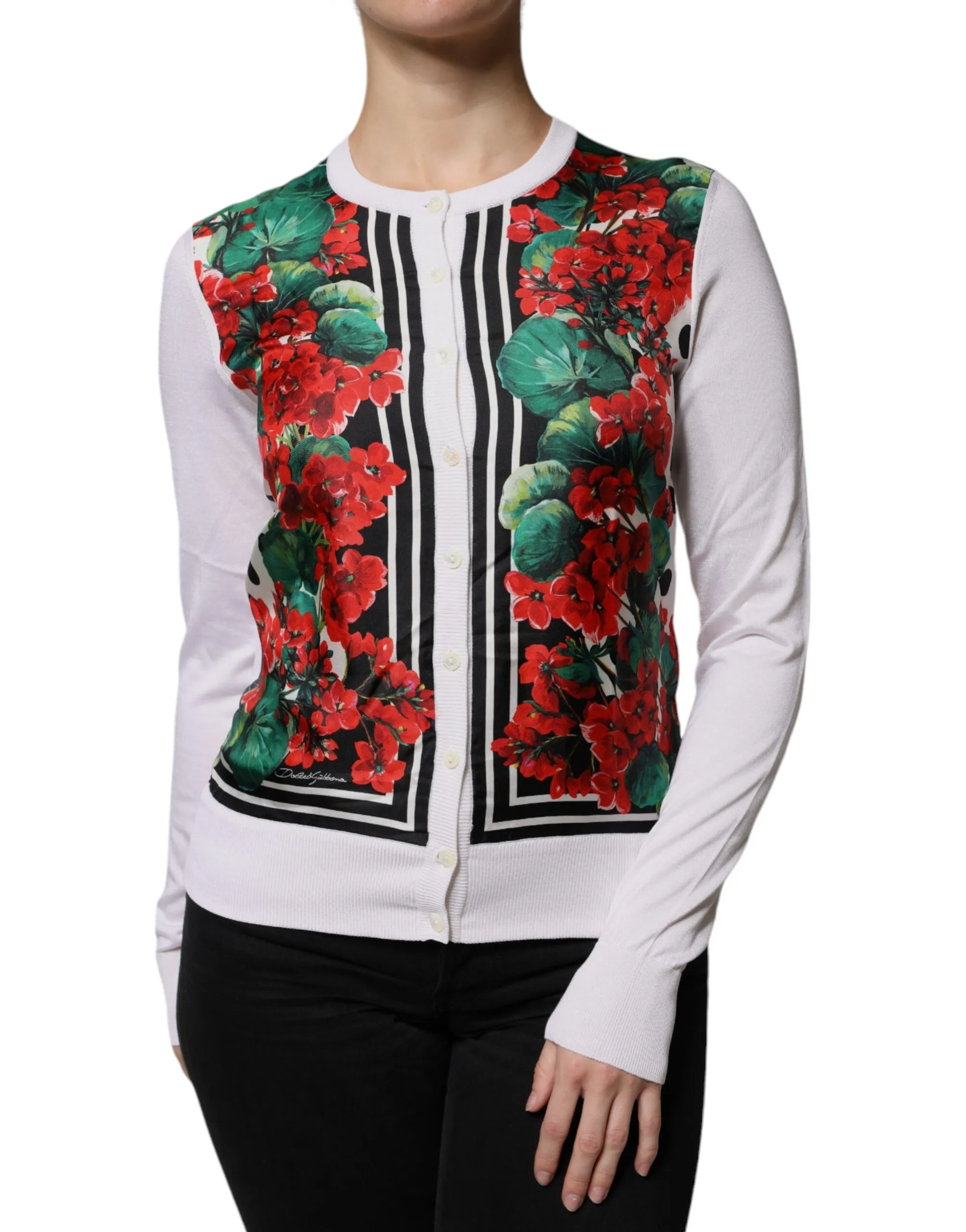 Dolce & Gabbana Women's White Geranium Long Sleeves Cardigan Sweater