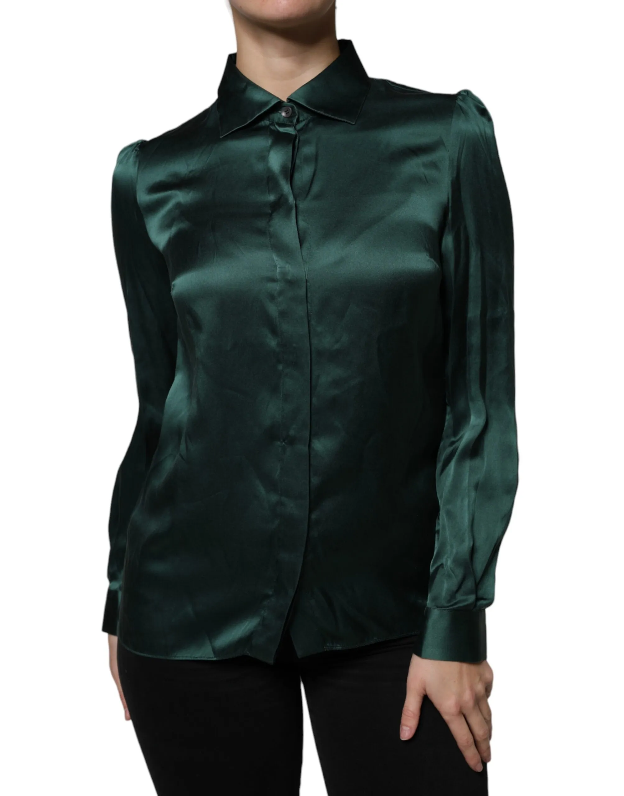Dolce & Gabbana Women's Dark Green Silk Button Down Long Sleeves Blouse Top
