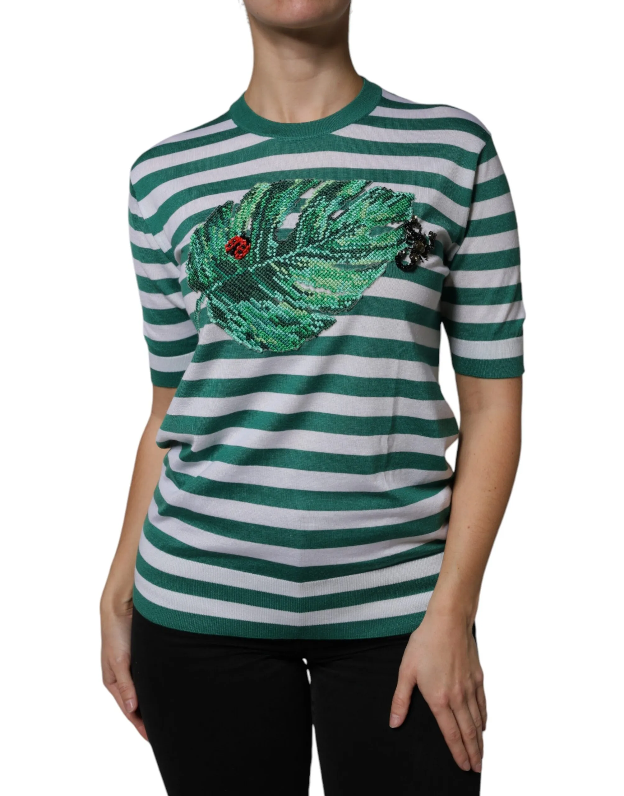 Dolce & Gabbana Women's White Green Stripe Leaf Crew Neck T-shirt