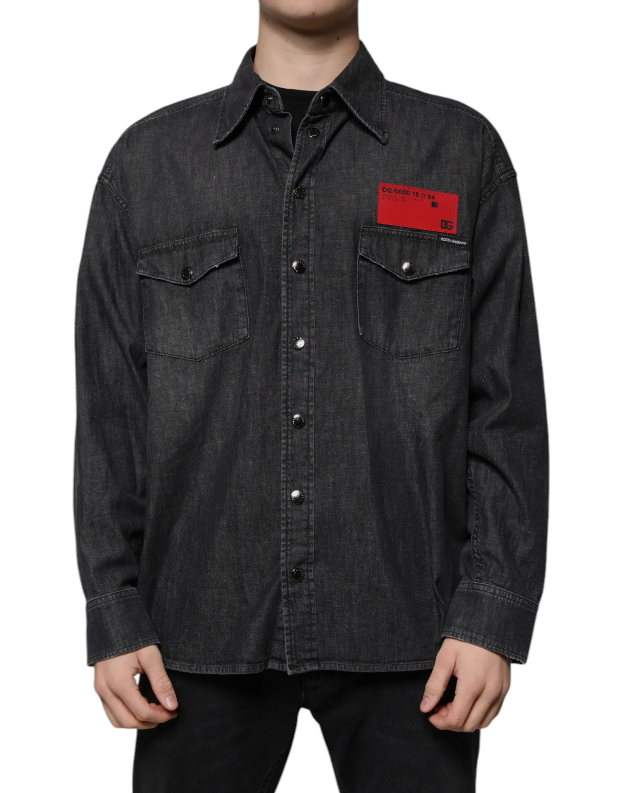 Dolce & Gabbana Men's Black Logo Cotton Button Down Denim Shirt