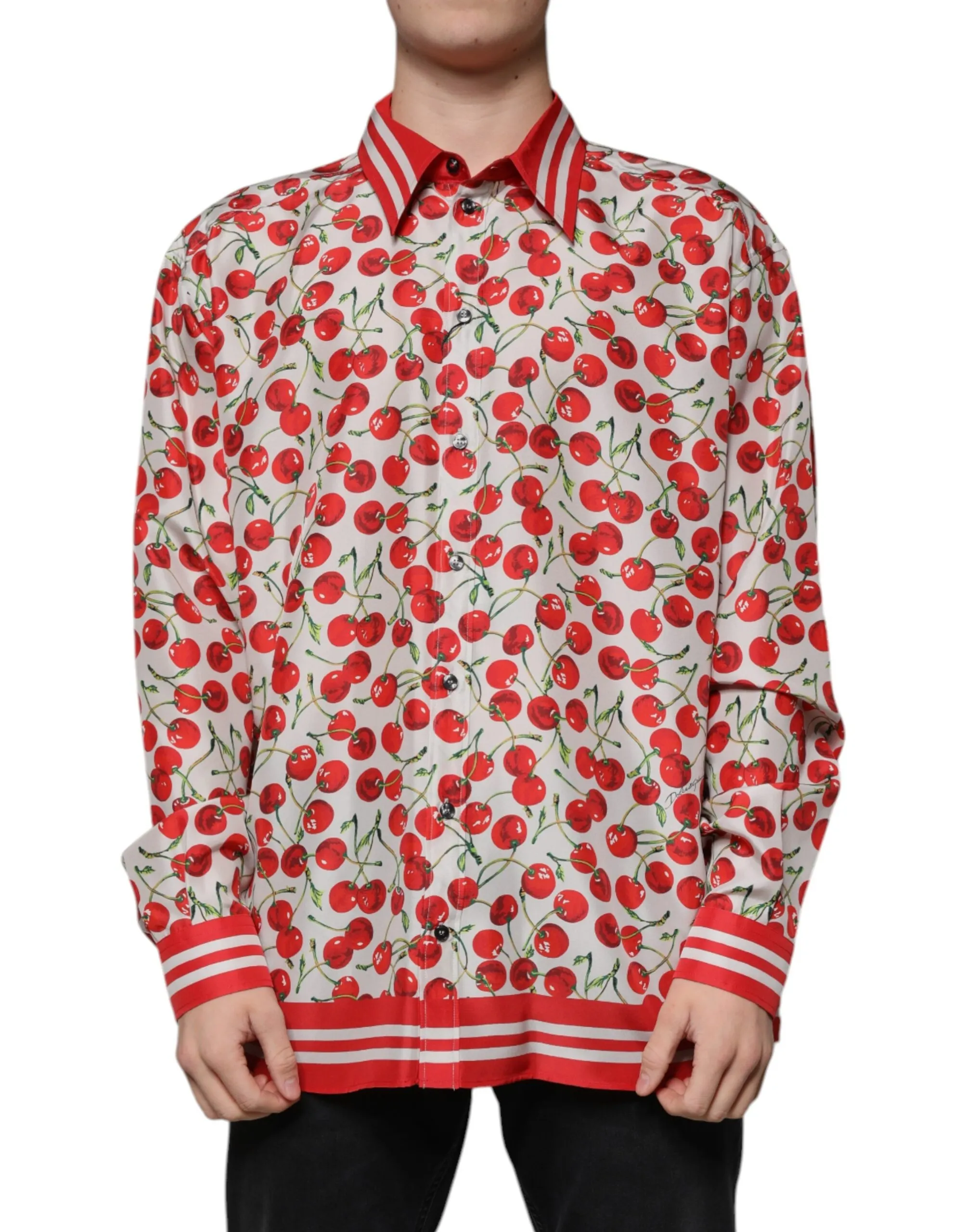 Dolce & Gabbana Men's White Cherry Silk Button Down Casual Shirt