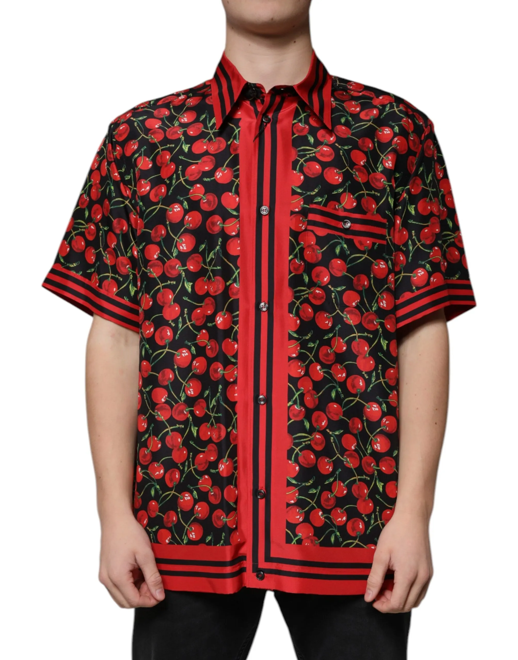 Dolce & Gabbana Men's Black Cherry Silk Button Down Casual Shirt