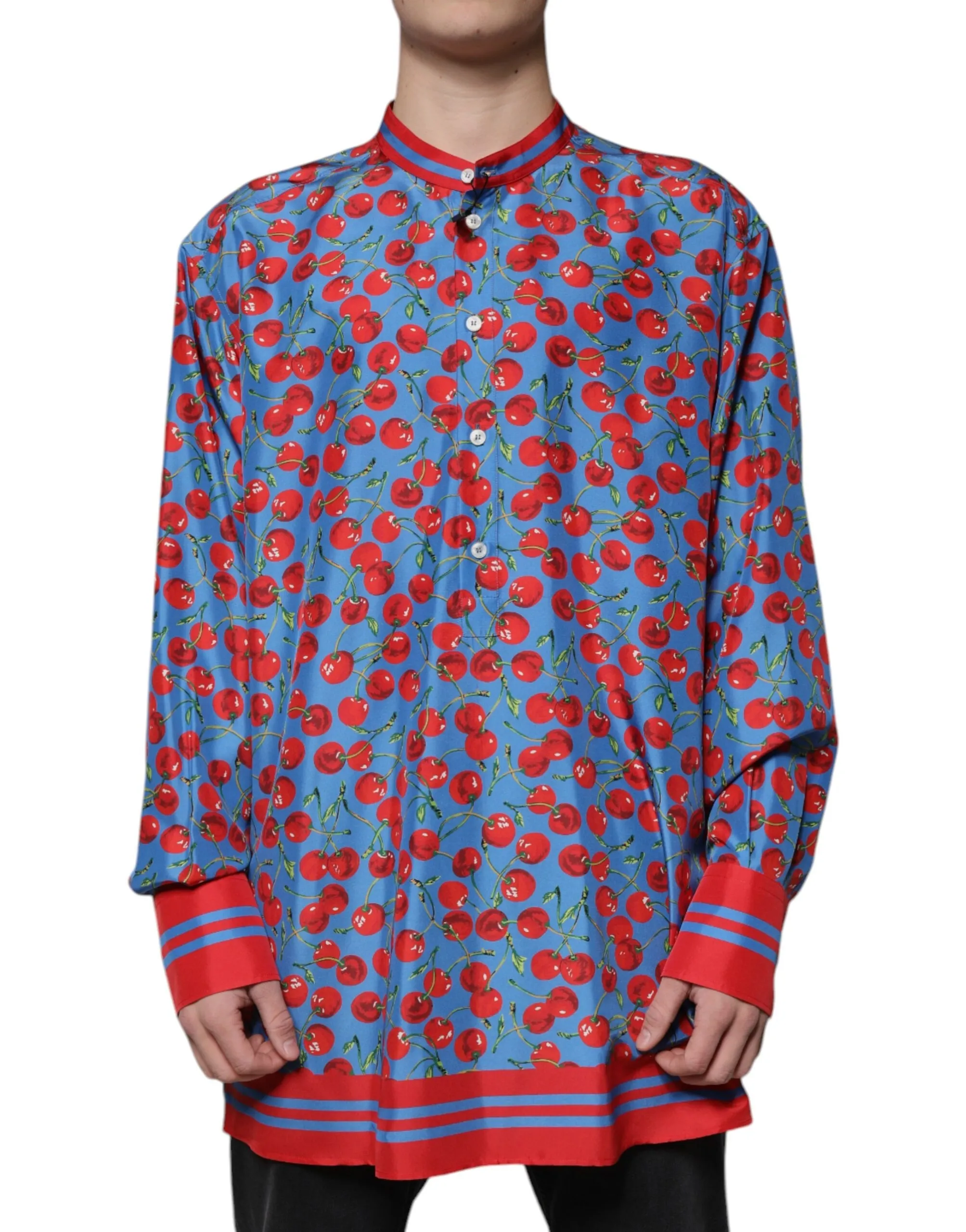 Dolce & Gabbana Men's Blue Cherry Silk Button Down Casual Shirt