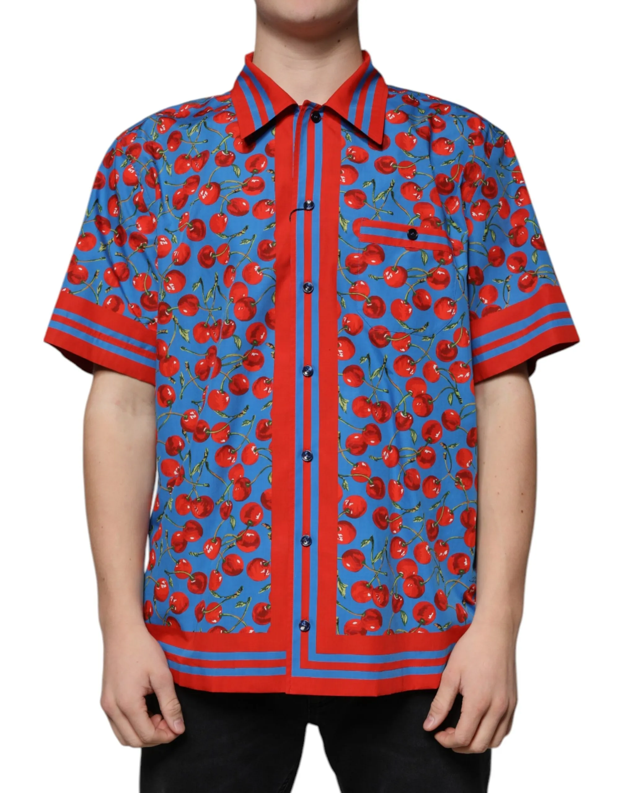 Dolce & Gabbana Men's Blue Cherry Cotton Button Down Casual Shirt