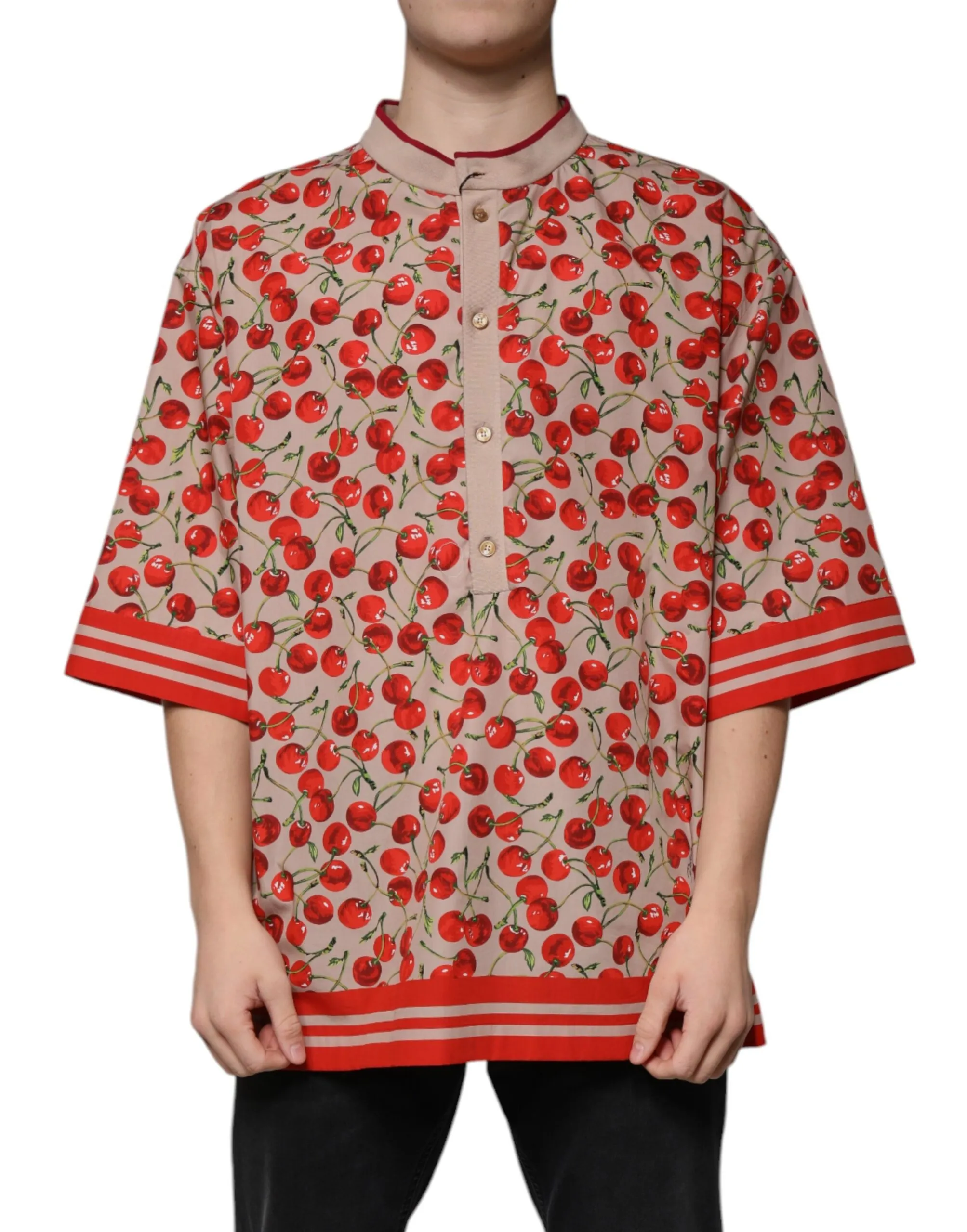 Dolce & Gabbana Men's Beige Cherry Nylon Buttoned Casual Shirt