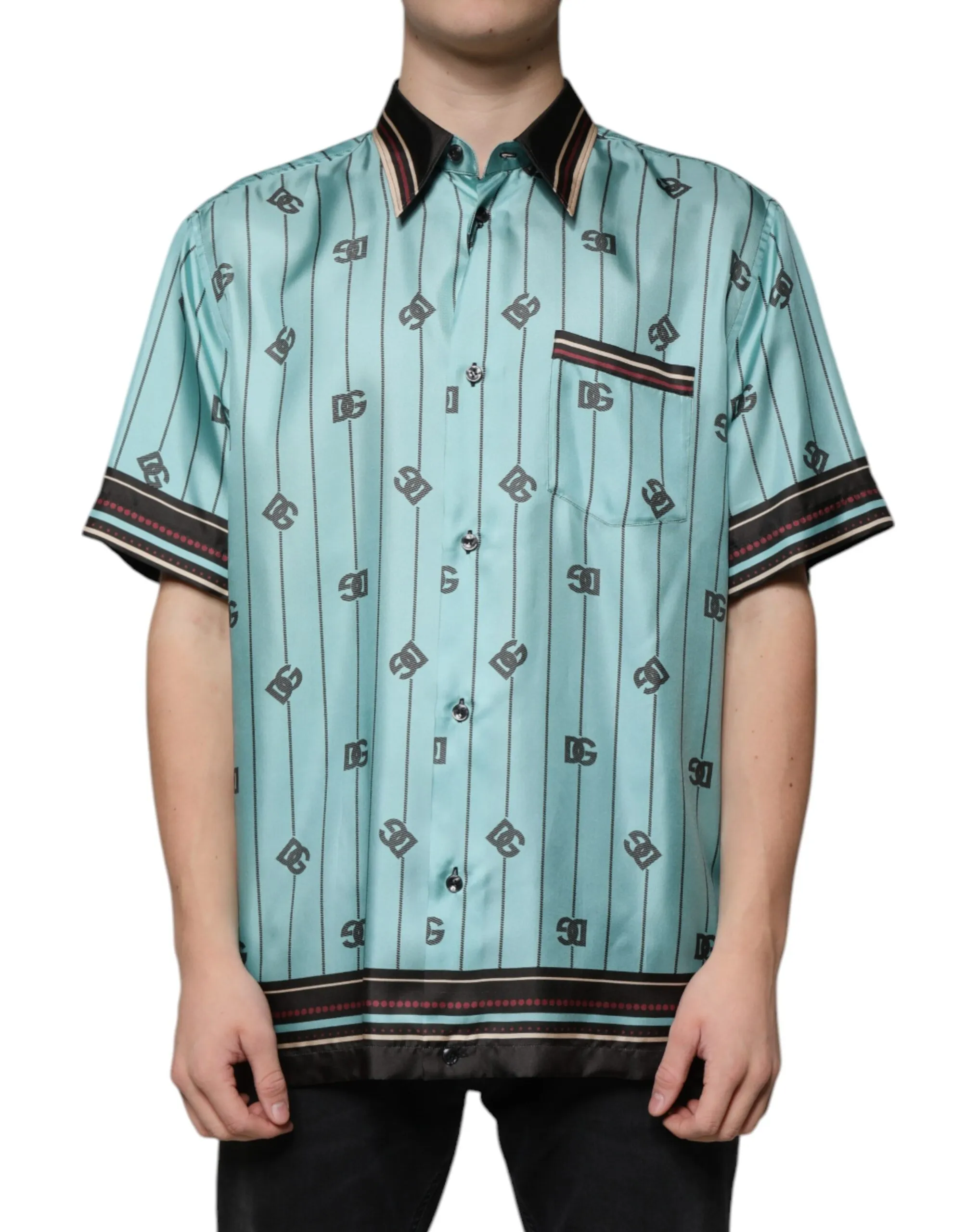 Dolce & Gabbana Men's Green Striped Logo Short Sleeve Casual Shirt