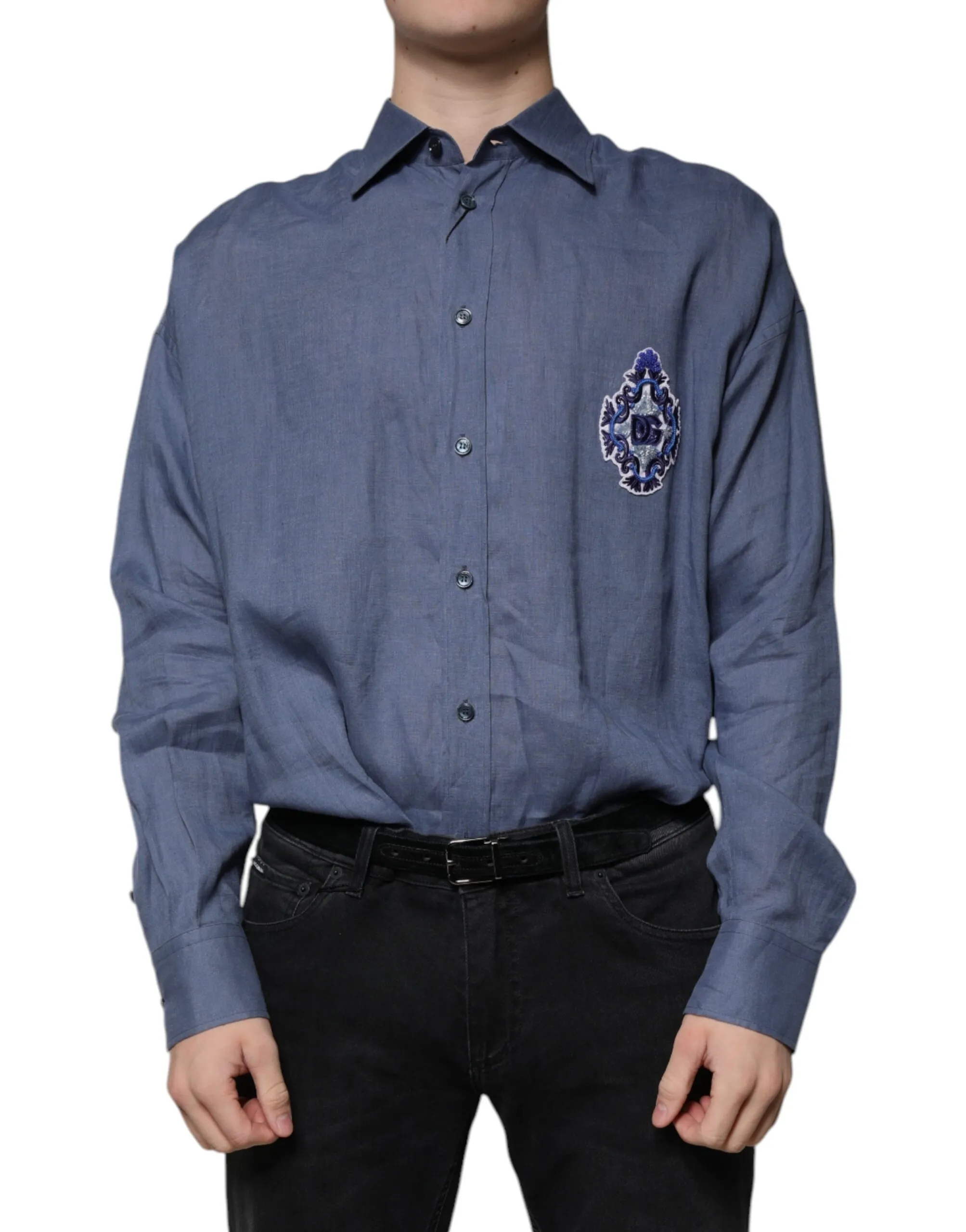 Dolce & Gabbana Men's Blue Logo Long Sleeve Button Down Casual Shirt
