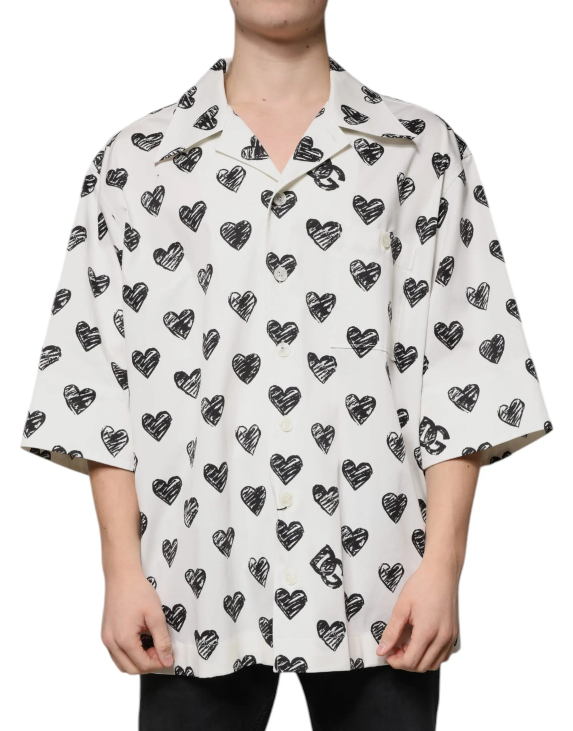 Dolce & Gabbana Men's White Heart Print Short Sleeve Casual Shirt