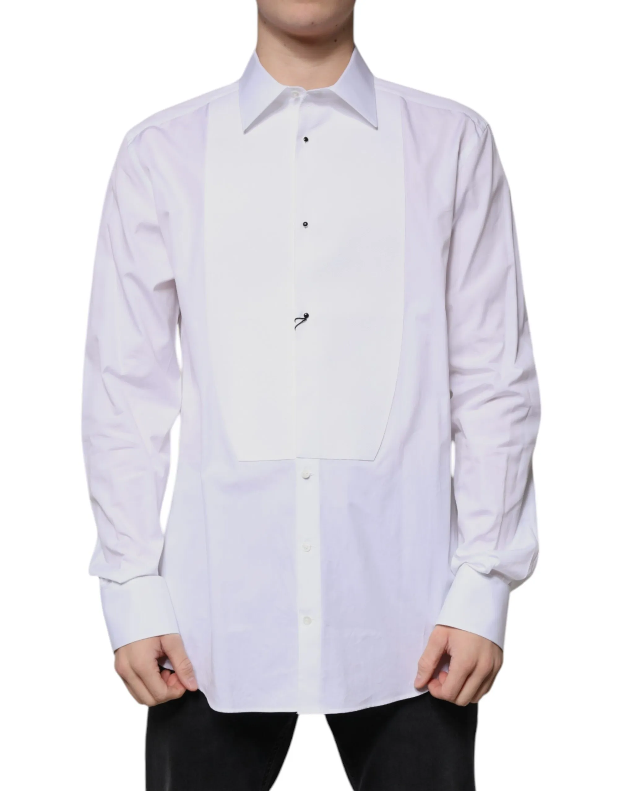 Dolce & Gabbana Men's White Bib Cotton Poplin GOLD Formal Shirt
