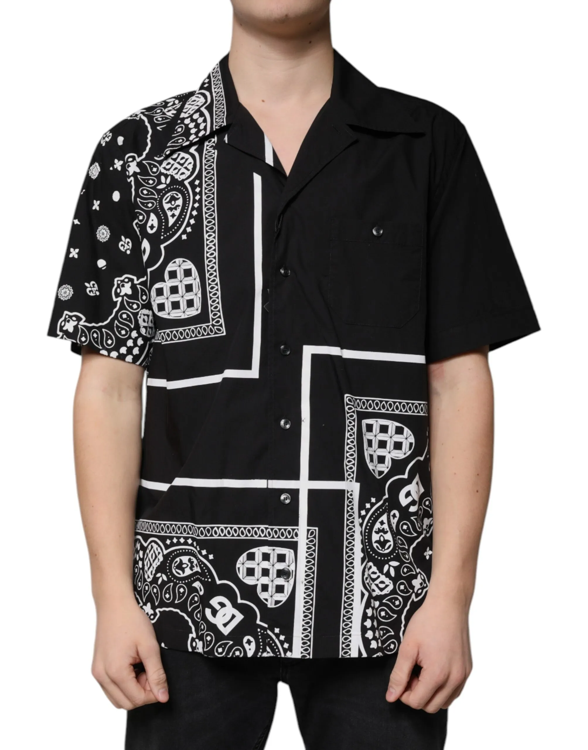 Dolce & Gabbana Men's Black Logo Button Down Short Sleeve Shirt