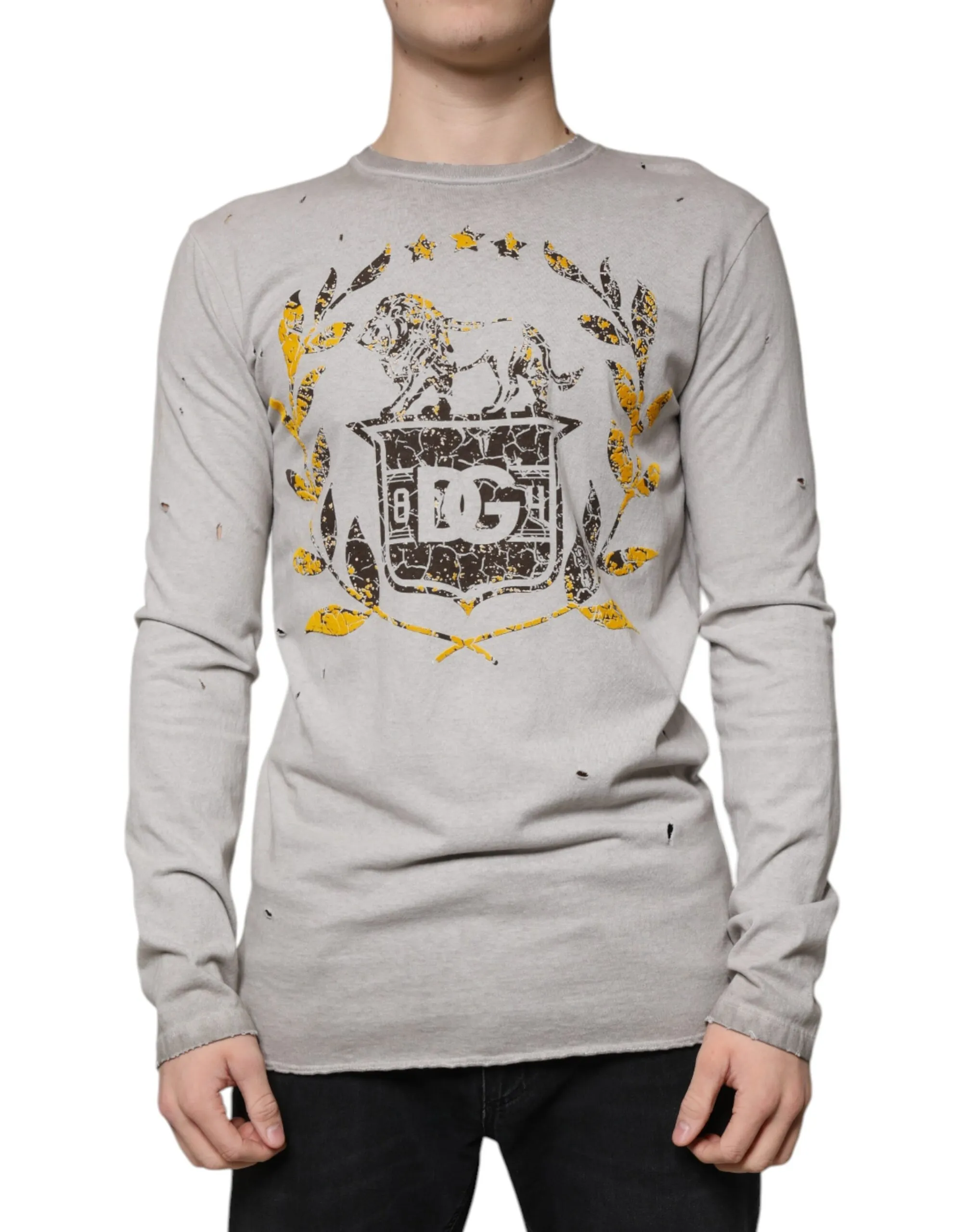 Dolce & Gabbana Men's Gray Printed Cotton Crewneck Pullover Sweater