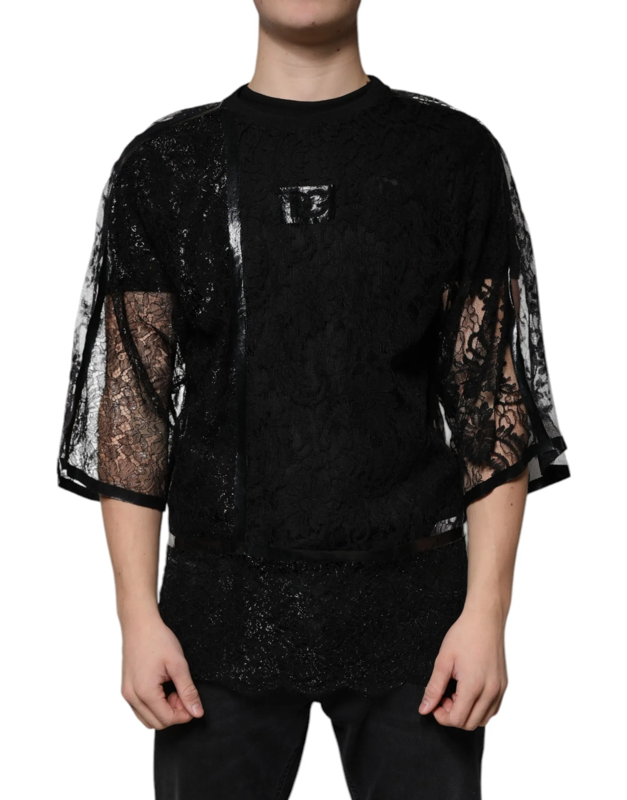 Dolce & Gabbana Men's Black Nylon Floral Lace Crew Neck T-shirt