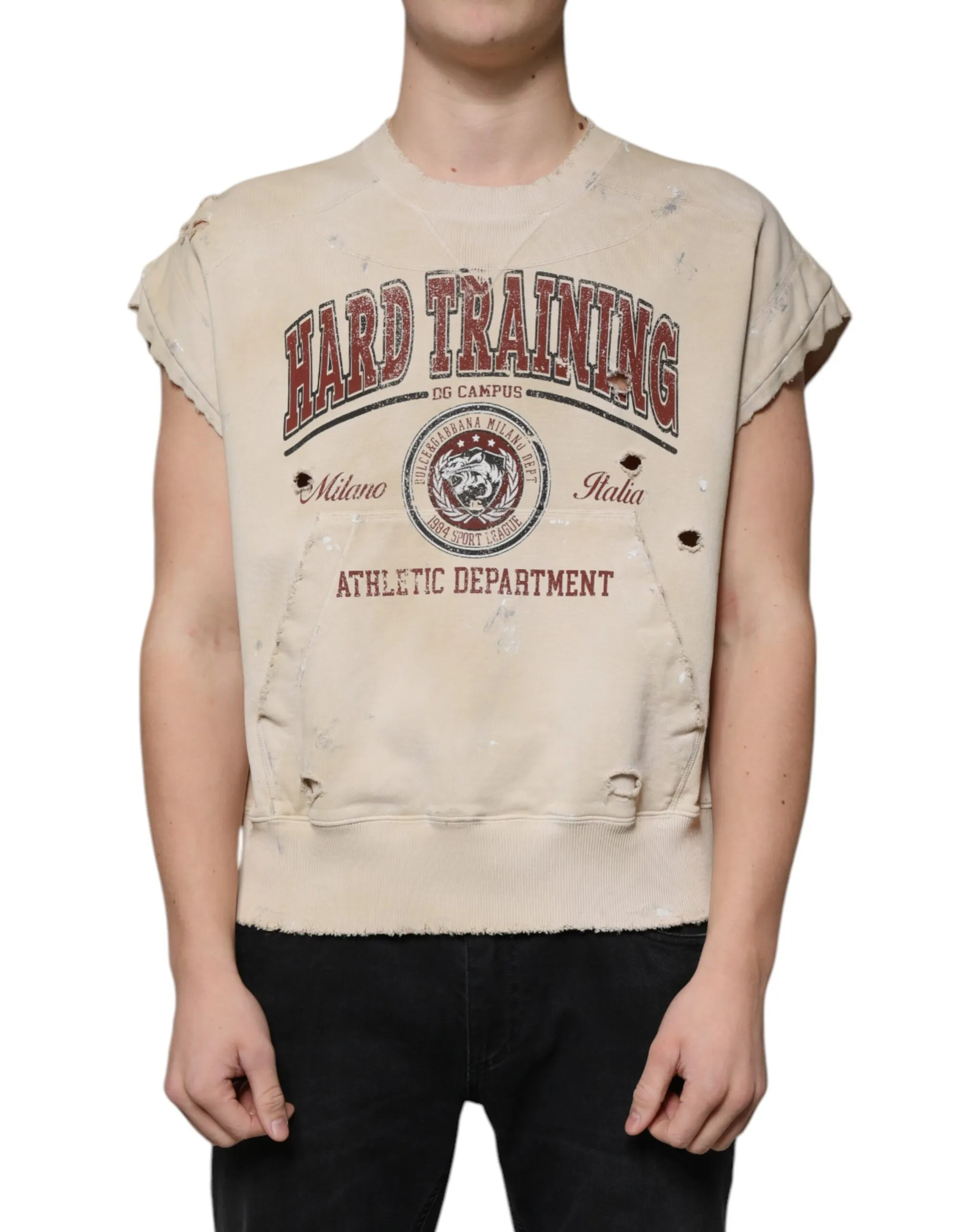 Dolce & Gabbana Men's Beige Cotton Crew Neck Sleeveless T-shirt