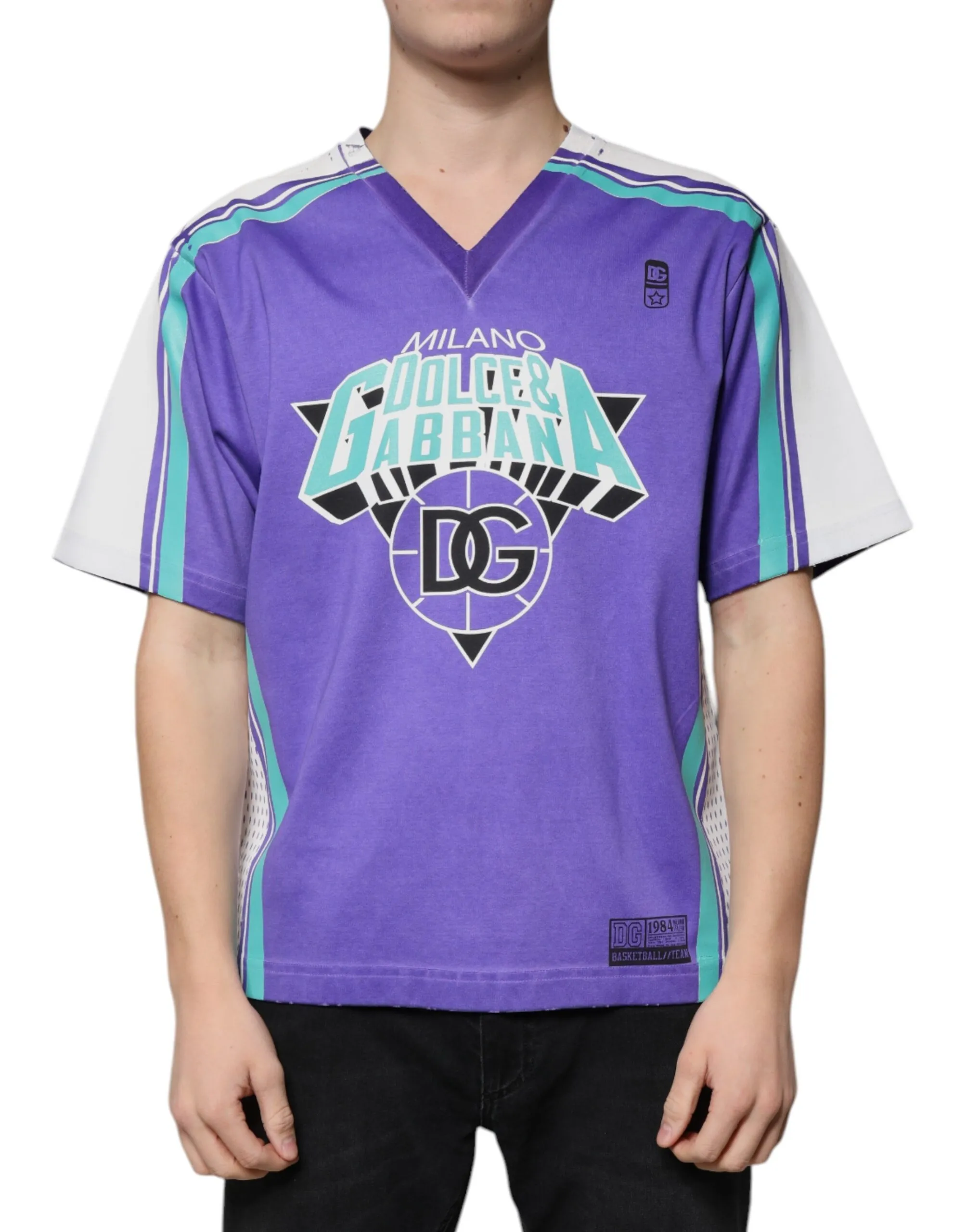 Dolce & Gabbana Men's Purple Logo Jersey Cotton V-neck T-shirt