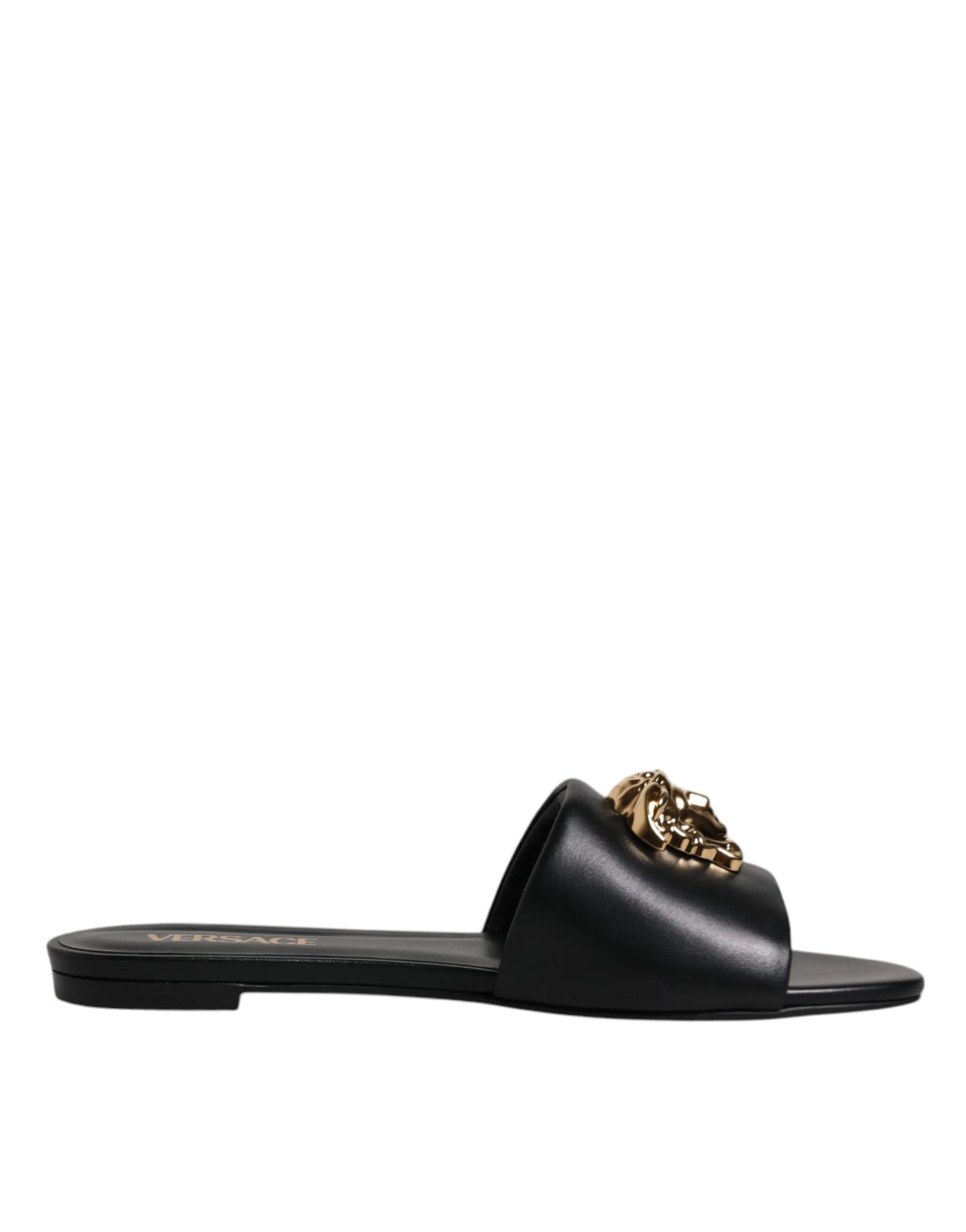 Versace Women's Black Leather Logo Plaque Slip On Slides Flats Shoes