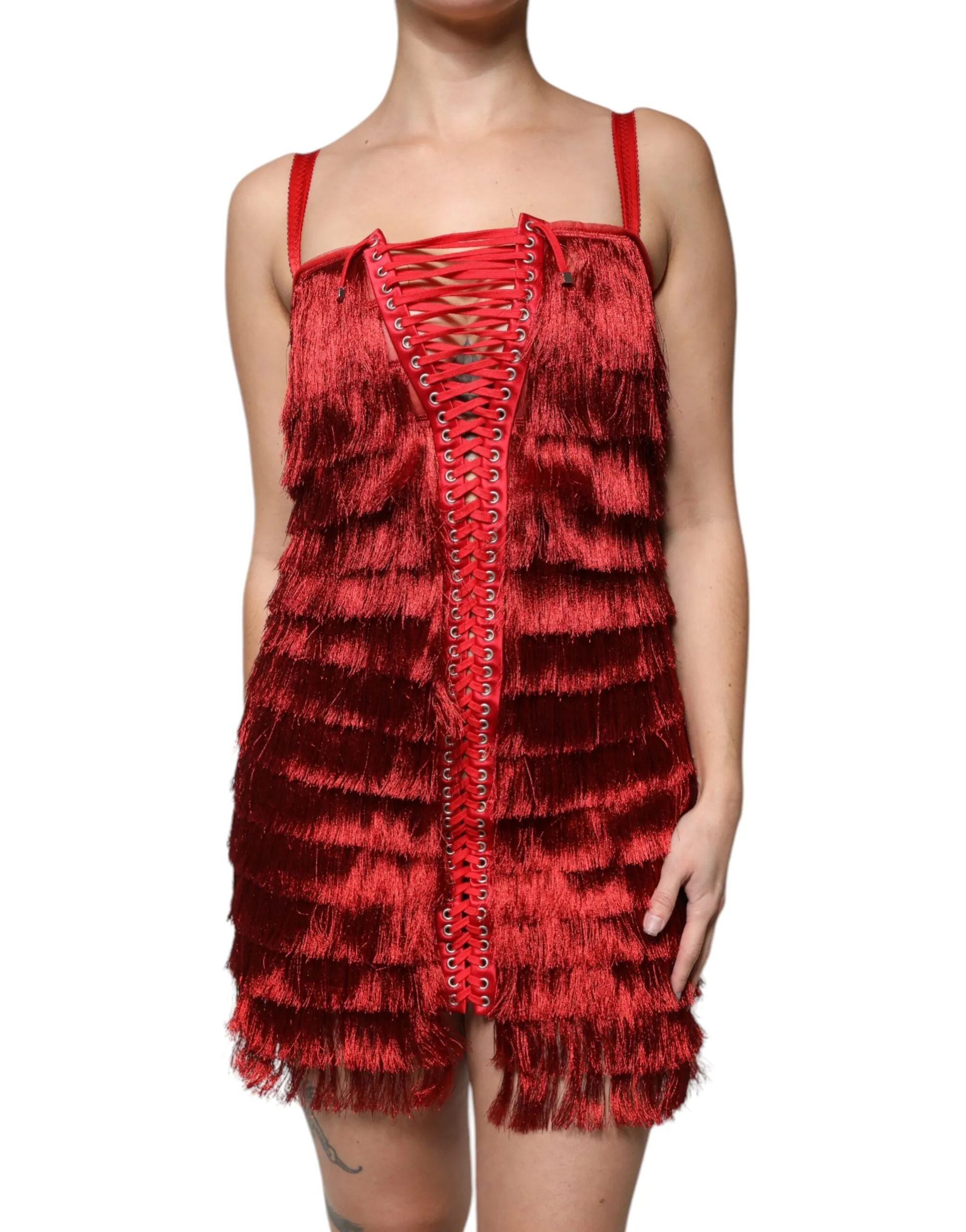 Dolce & Gabbana Women's Red Lace Tassel Sleeveless Sheath Mini Dress