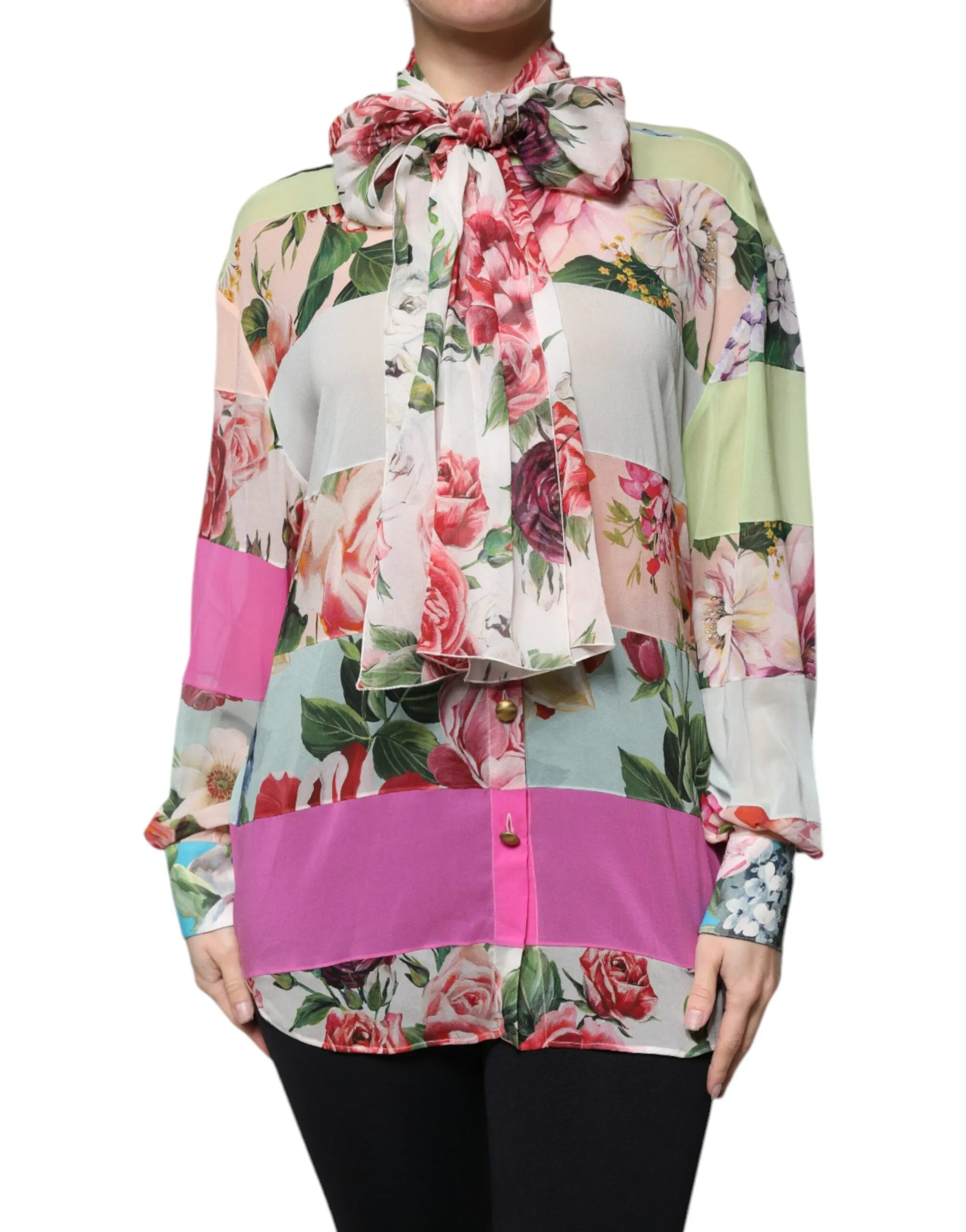 Dolce & Gabbana Women's Multicolor Floral Patchwork Ascot Collar Top