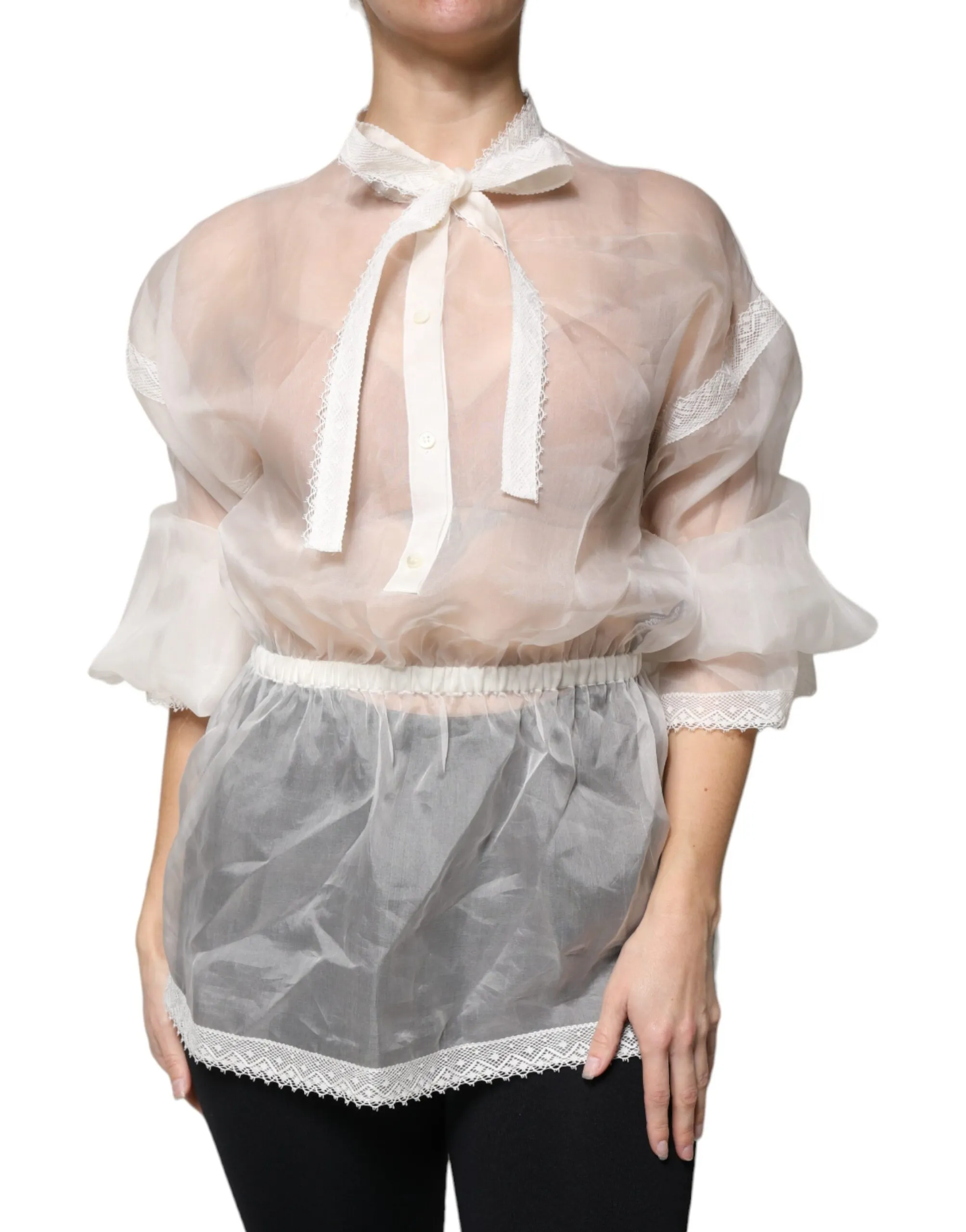 Dolce & Gabbana Women's White Ascot Collar Long Sleeves Blouse Top