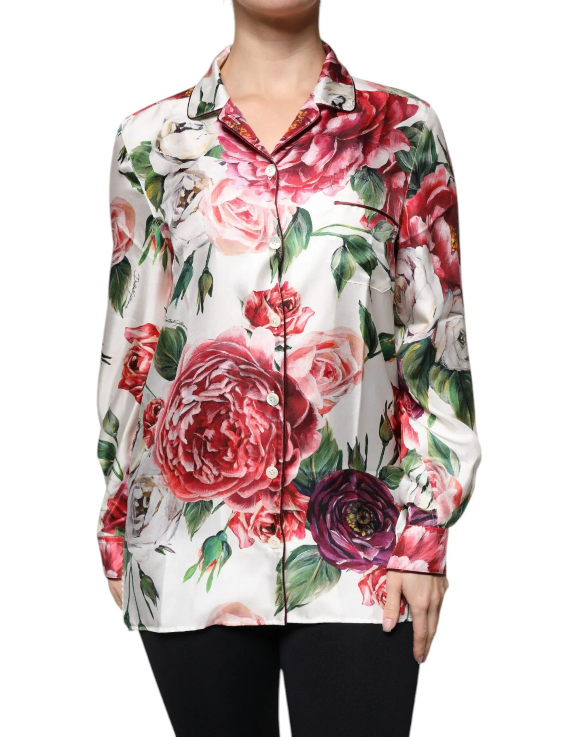 Dolce & Gabbana Women's White Peony Silk Long Sleeves Collared Blouse Top