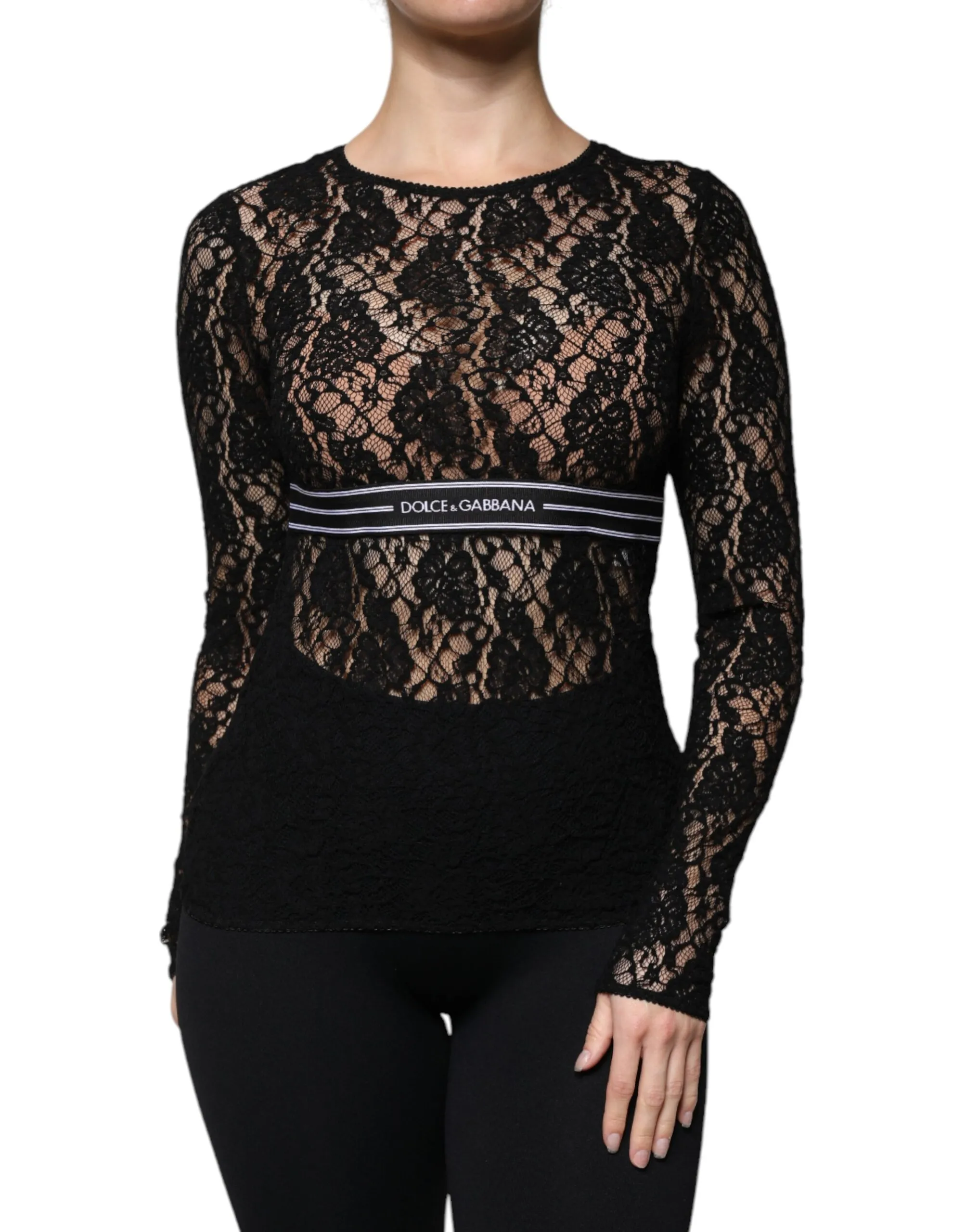 Dolce & Gabbana Women's Black Logo Stripe Lace Long Sleeves Top