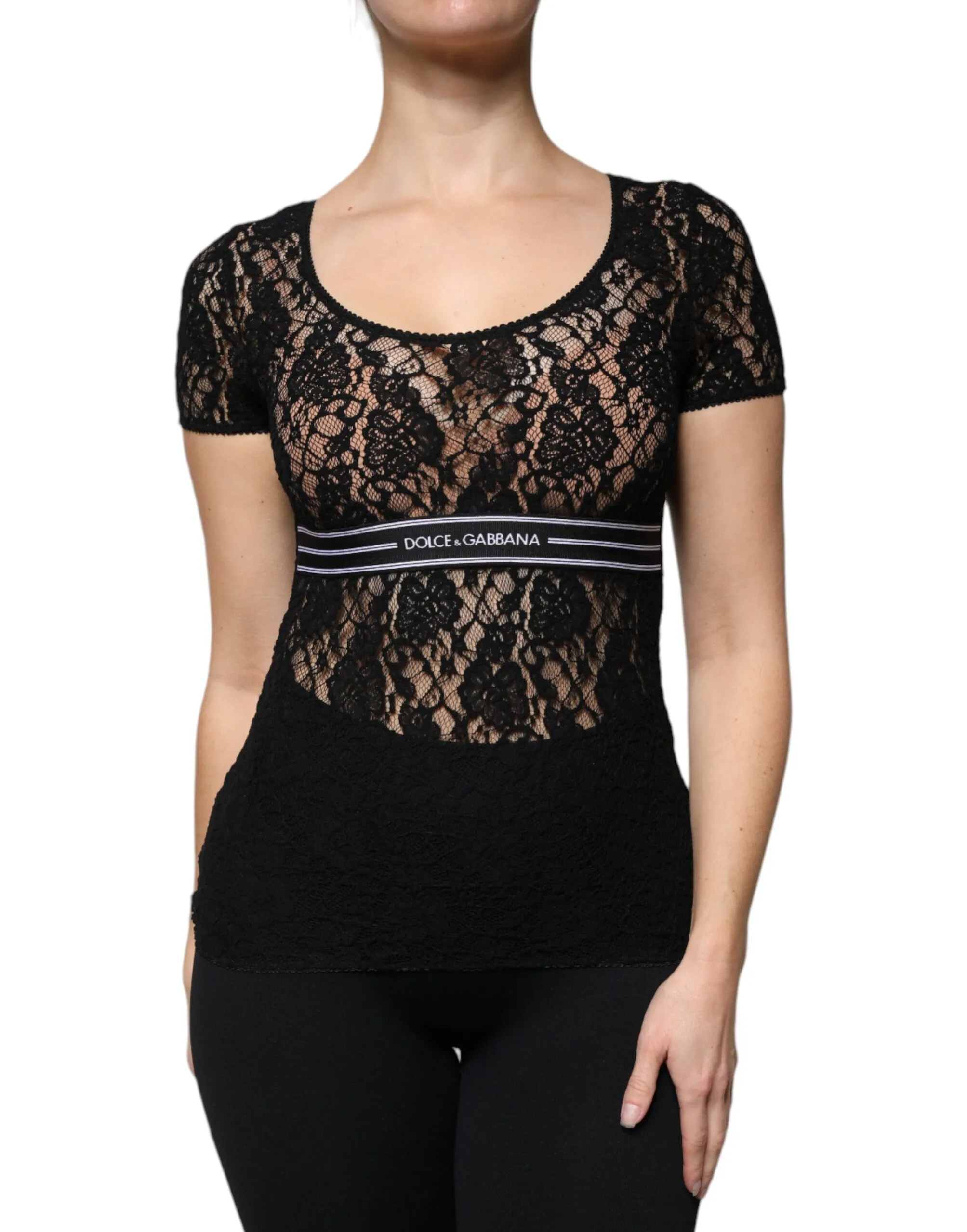 Dolce & Gabbana Women's Black Logo Stripe Lace Short Sleeves Top