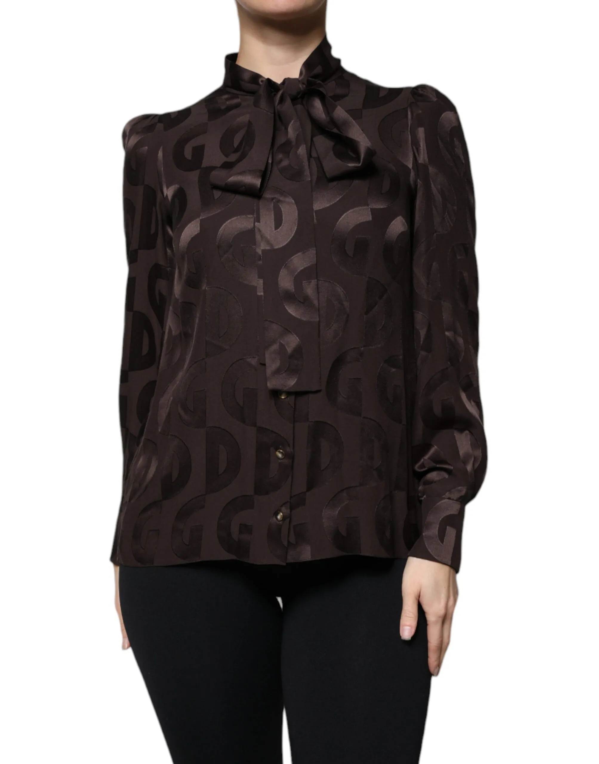 Dolce & Gabbana Women's Brown Logo Ascot Collar Long Sleeves Top