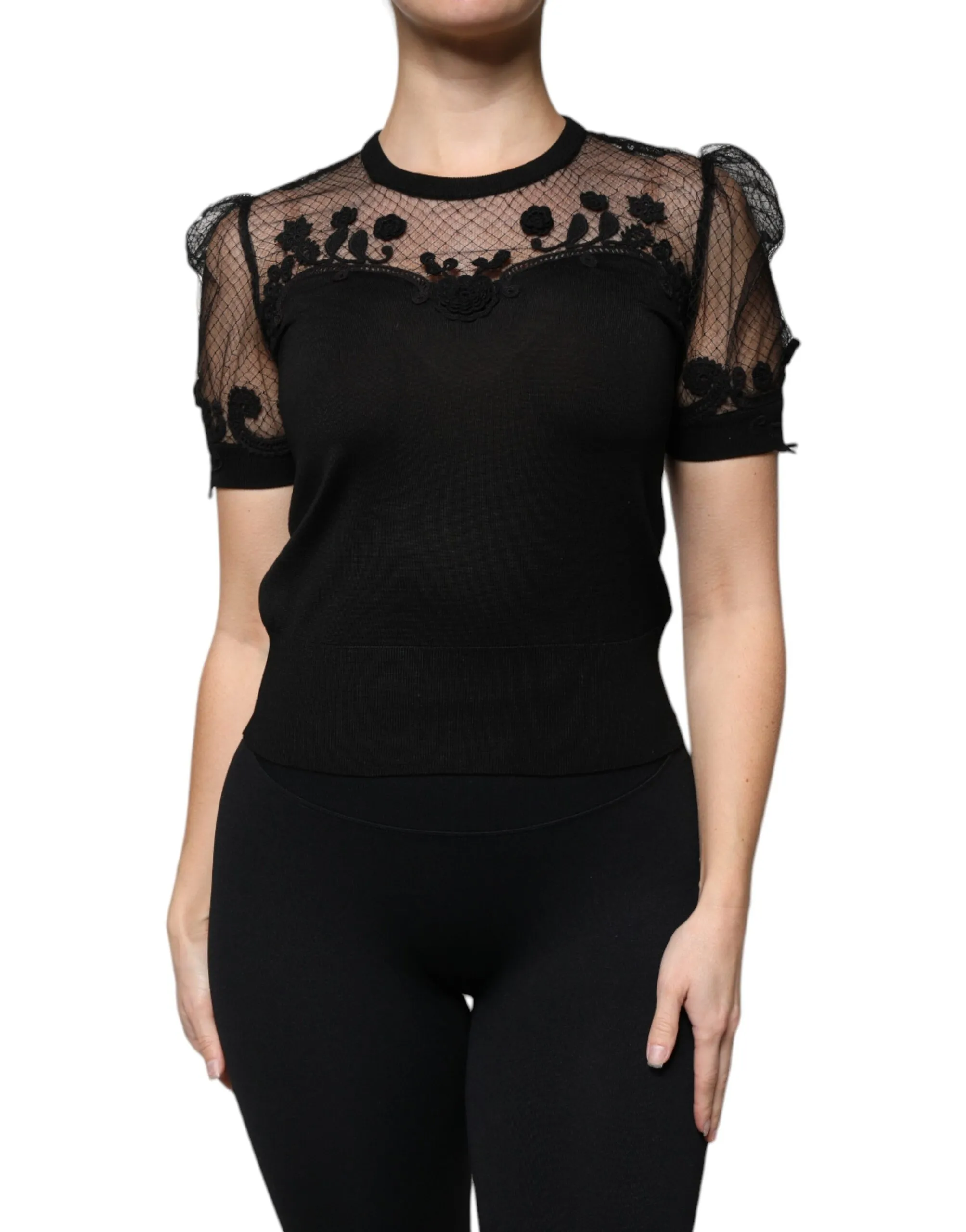 Dolce & Gabbana Women's Black Floral Lace Short Sleeves Blouse Top