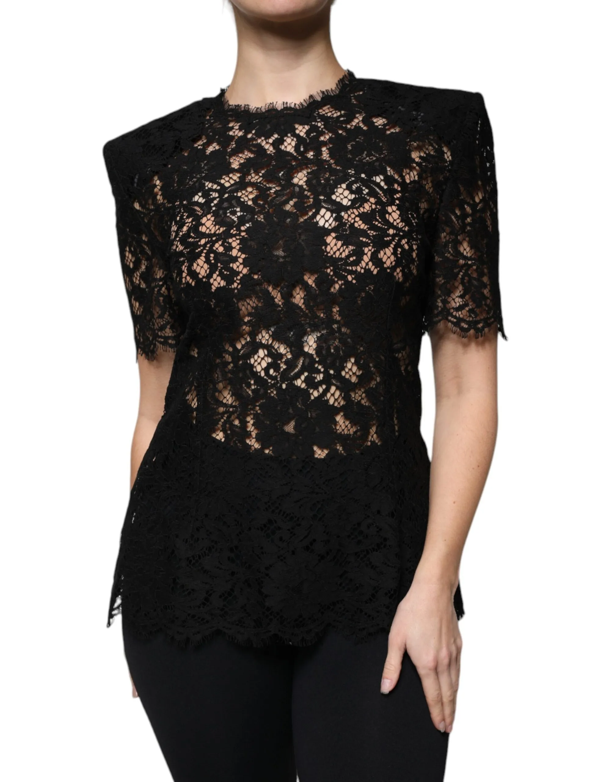 Dolce & Gabbana Women's Black Floral Lace Short Sleeves Blouse Top