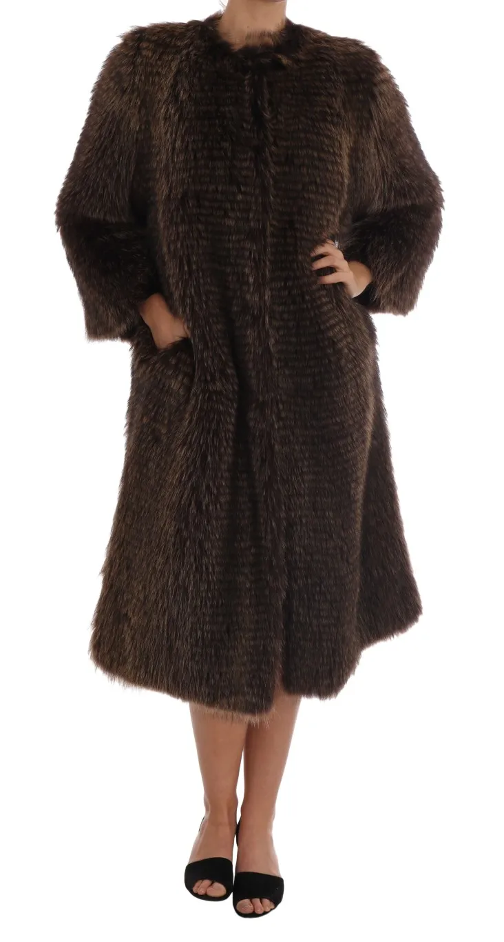 Dolce & Gabbana Women's Elegant Brown Raccoon Fur Knee-Length Coat