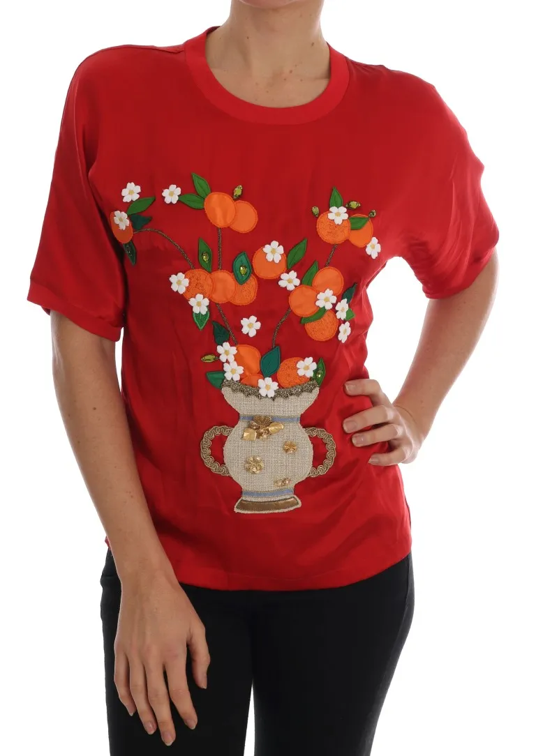 Dolce & Gabbana Women's Red Silk Floral Embroidered Elegance Top