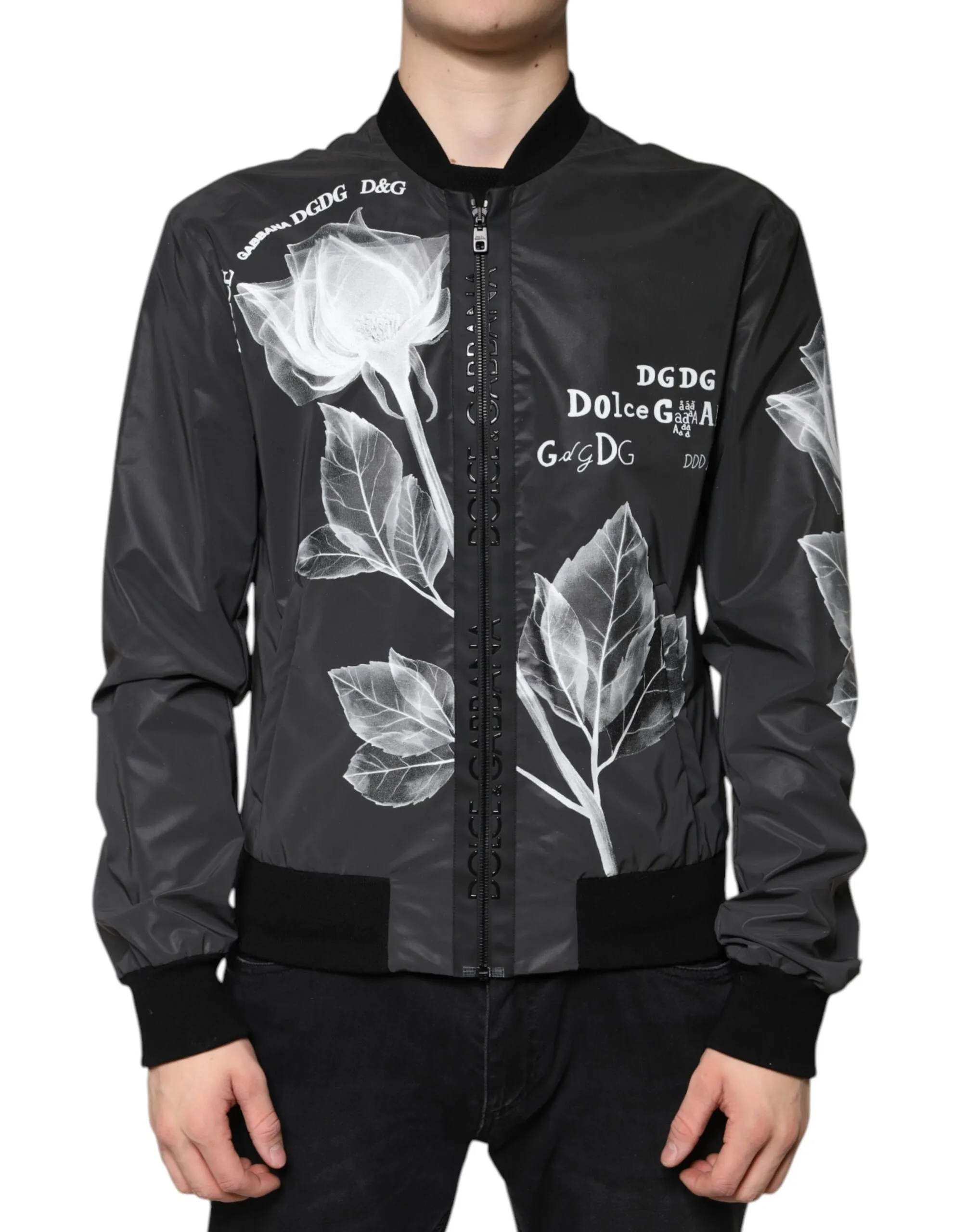 Dolce & Gabbana Men's Black Floral Nylon Full Zip Bomber Jacket
