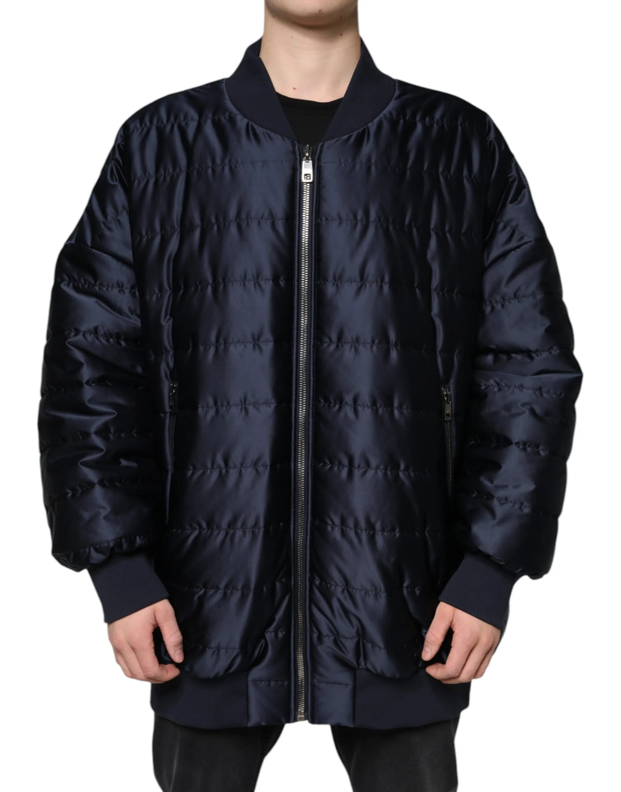 Dolce & Gabbana Men's Dark Blue Quilted Full Zip Bomber Jacket