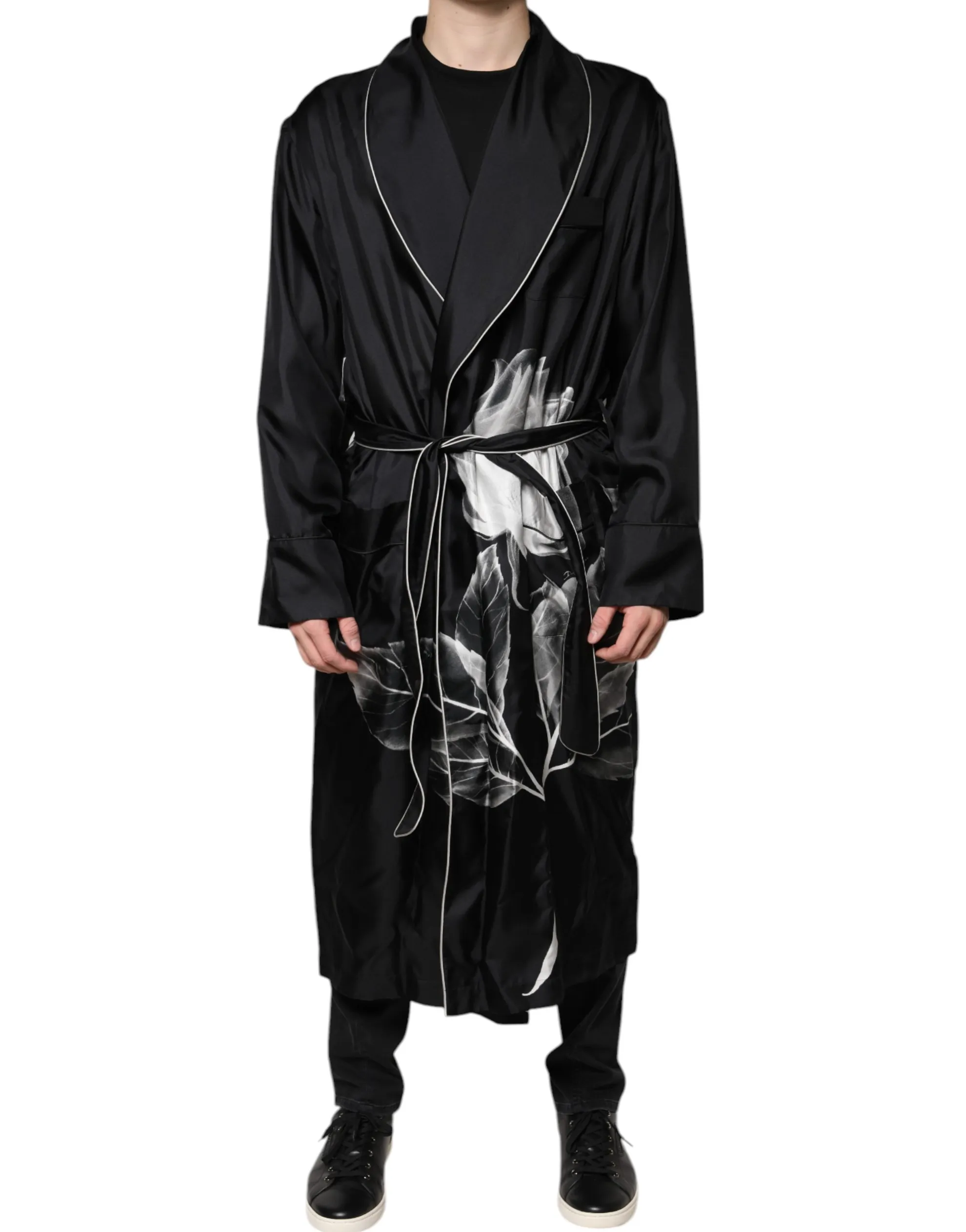Dolce & Gabbana Men's Black Floral Belted Robe DG Logo Sleepwear