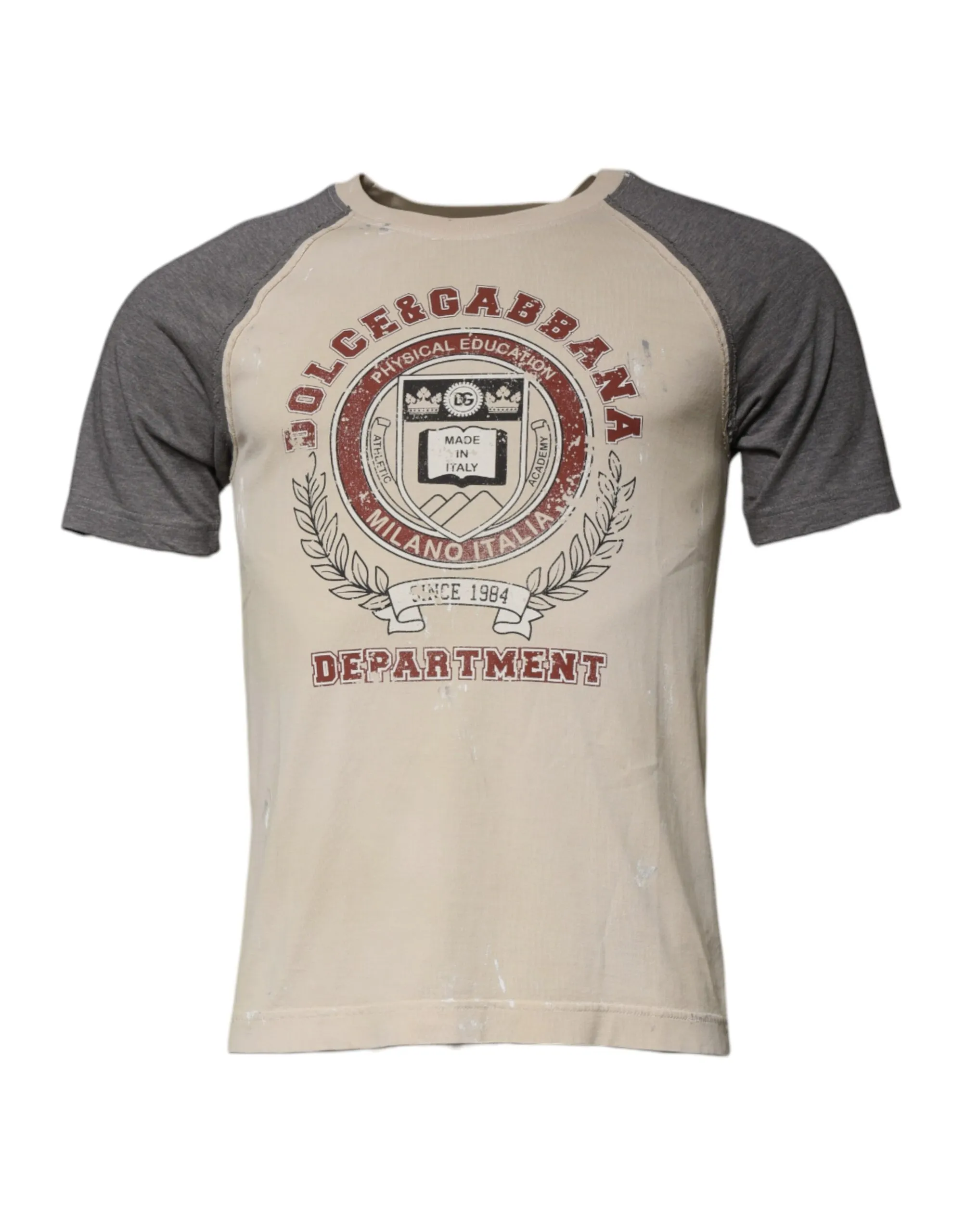 Dolce & Gabbana Men's Beige Gray Graphic Print Cotton Crew Neck T-shirt