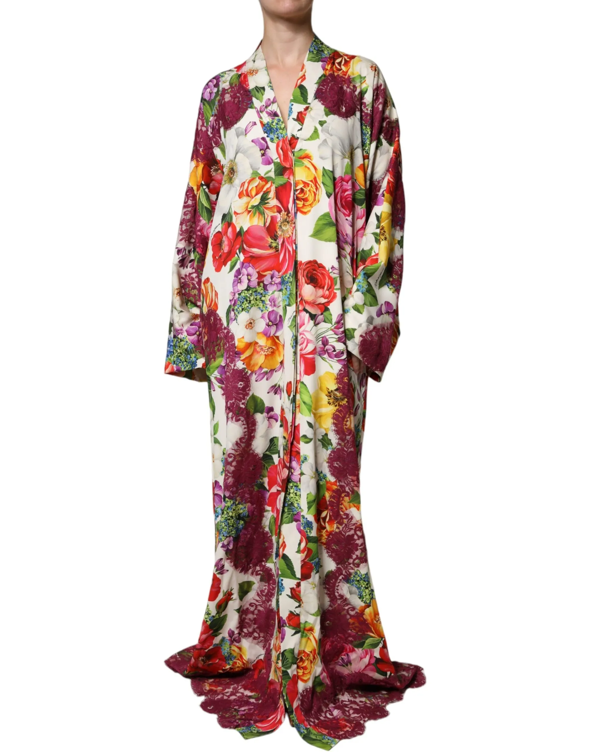 Dolce & Gabbana Women's Multicolor Floral Lace Silk Abaya Long Sleeves Dress